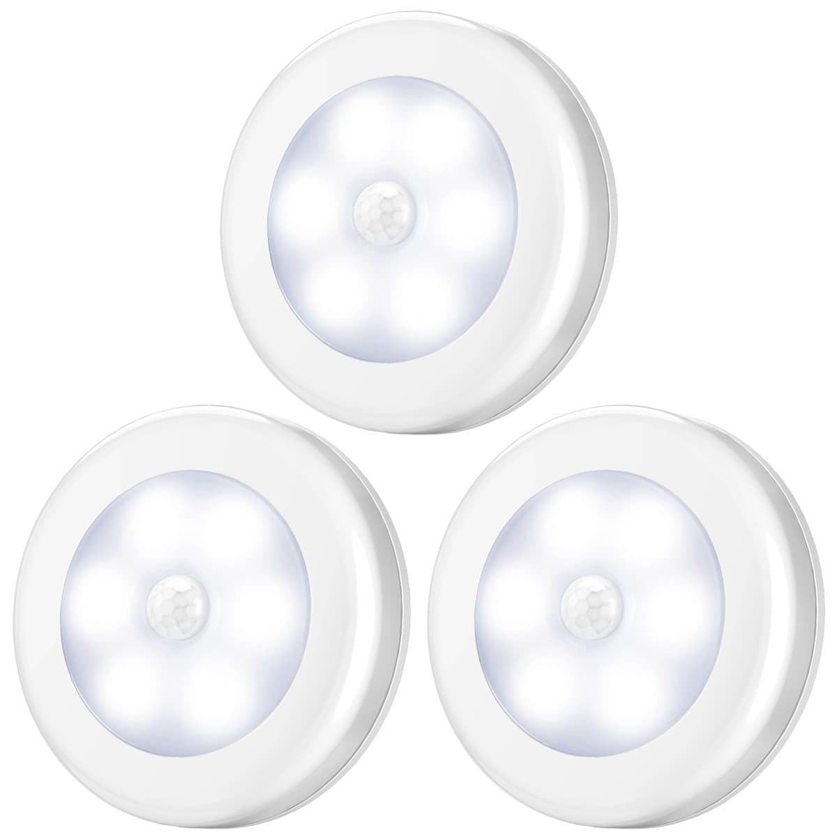 AMIR Upgraded 3.15” Motion Sensor Light Indoor, Cordless Battery Powered Stick on LED Night Lights for Closet, Stair, Under Cabinet, Hallway, Kitchen (White - Pack of 3)