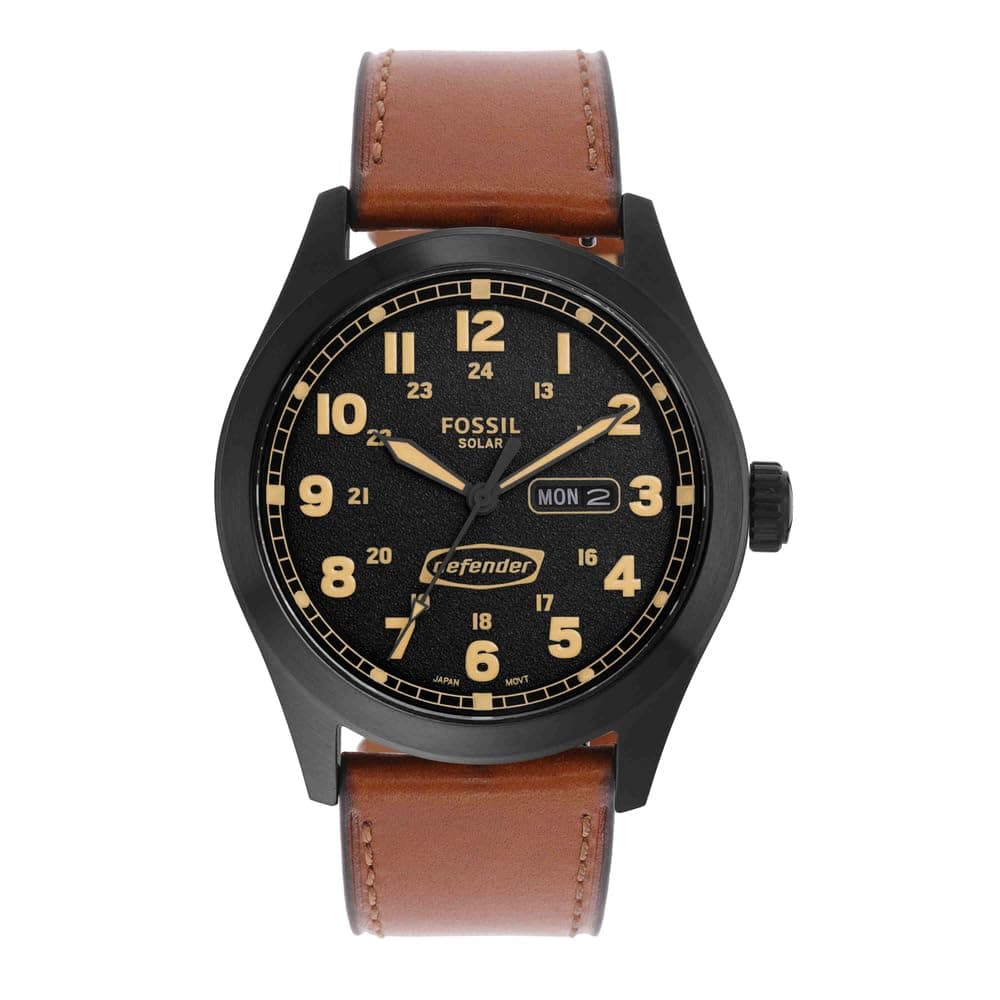 Defender Watch for Men, Solar Powered Three Hand Date with Stainless Steel or Leather Strap