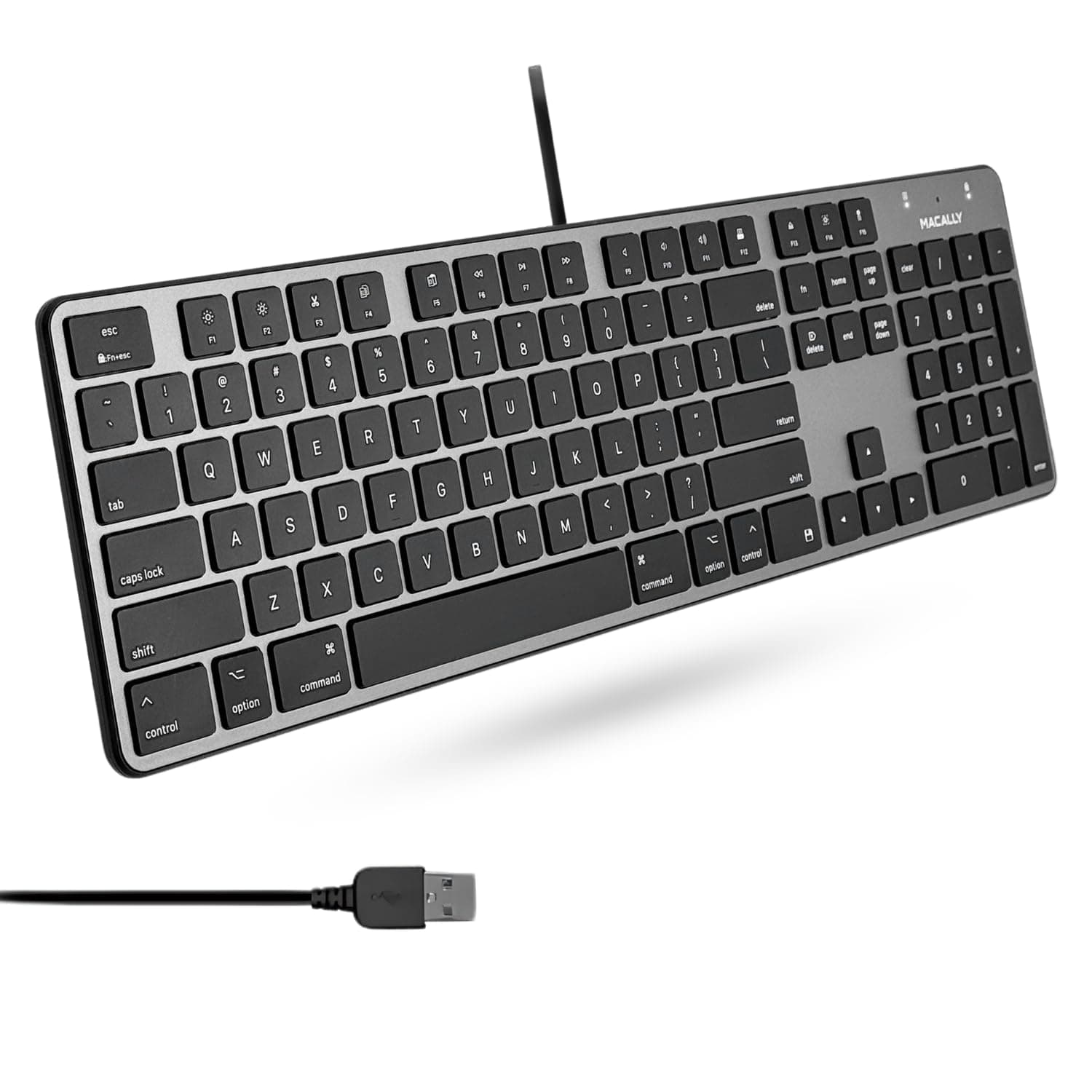 Slim USB Wired Keyboard for Mac - Full Size 104 Key Layout & 16 Shortcut Keys - Scissor Keycaps for Tactile Typing - Wired Keyboard with Numeric Keypad - Plug and Play Keyboard - Space Gray