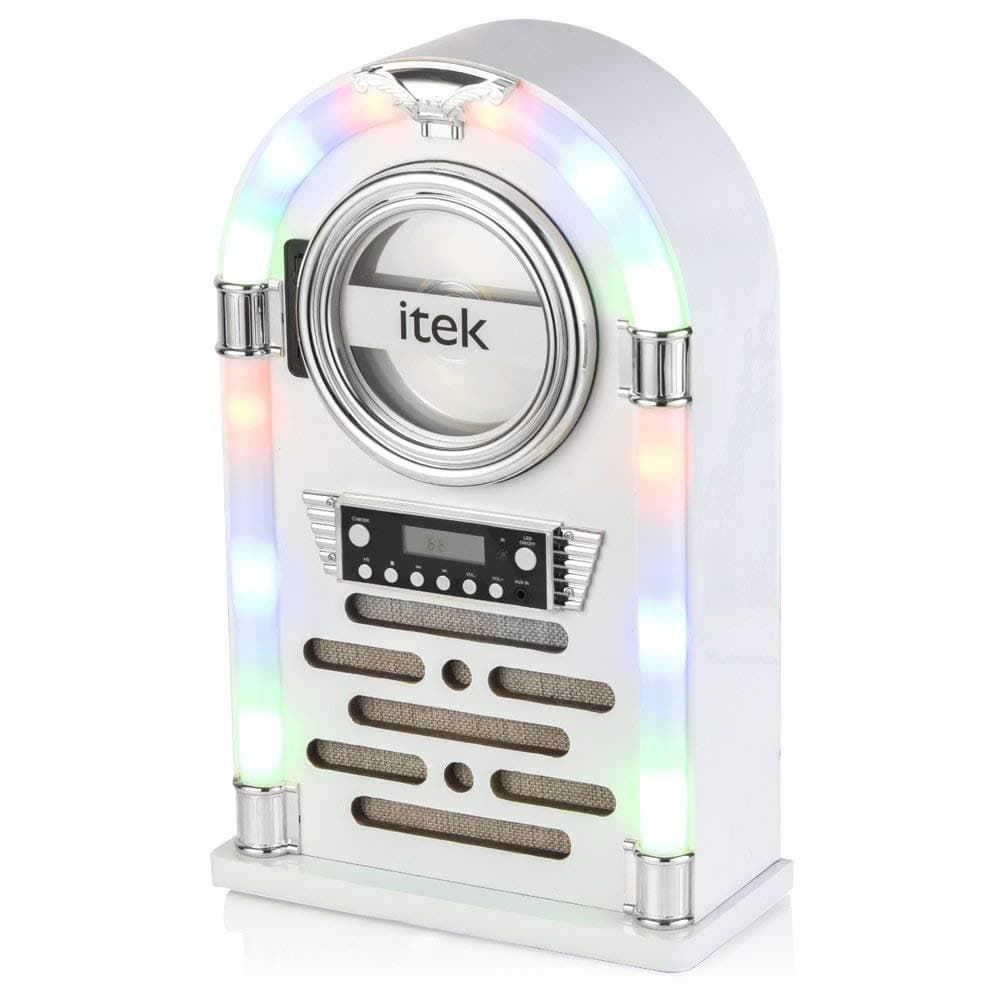 iTek Jukebox with CD Player, FM Radio and Bluetooth Connection, Remote Control Included, Gloss White