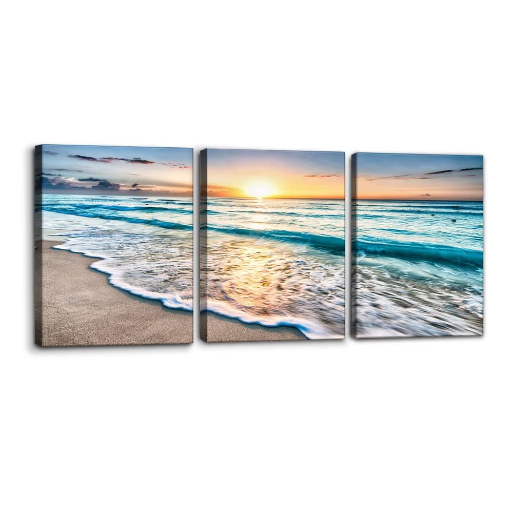 Pacimo 3 Panels Beach Canvas Wall Art for Home Decor Blue Sea Sunset White Beach Painting The Picture Print on Canvas Seascape The Pictures for Home Decor Decoration Ready to Hang - 12" x 16" x 3
