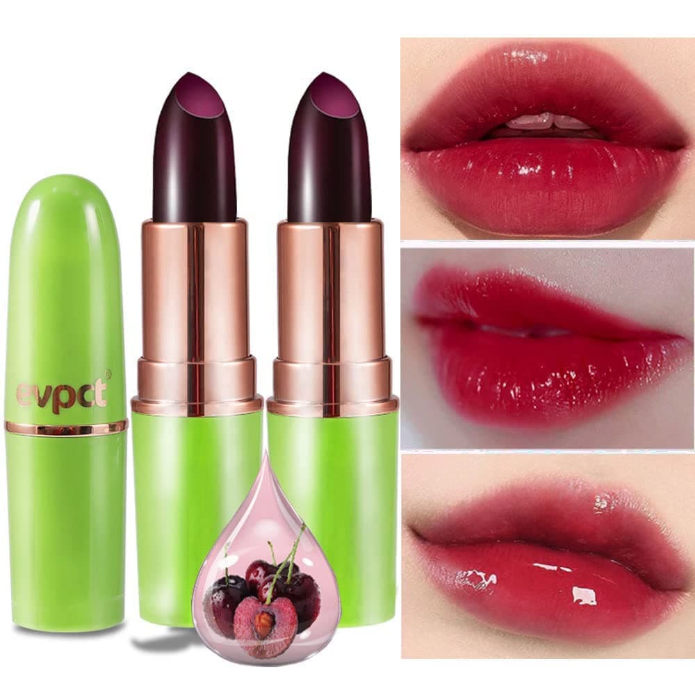 2Pcs Black Red Cherry Magic Mood Color Changing Lipstick Long Lasting 24 Hours Original for Women, PH Color Change Changing Jelly Lipstick Tinted Lip Balm Stain Gloss Makeup Set, labial magico