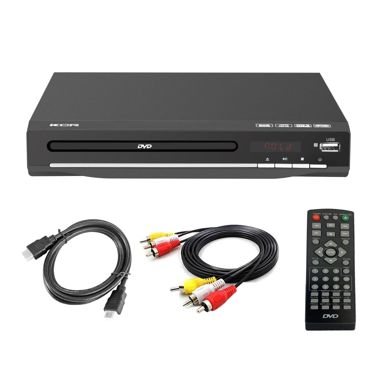 KCR DVD Player for TV, DVD/CD/MP3/AVI with USB Port, HDMI and AV output (HDMI and AV cable included), Remote Control,Region Free,Black,Home Use