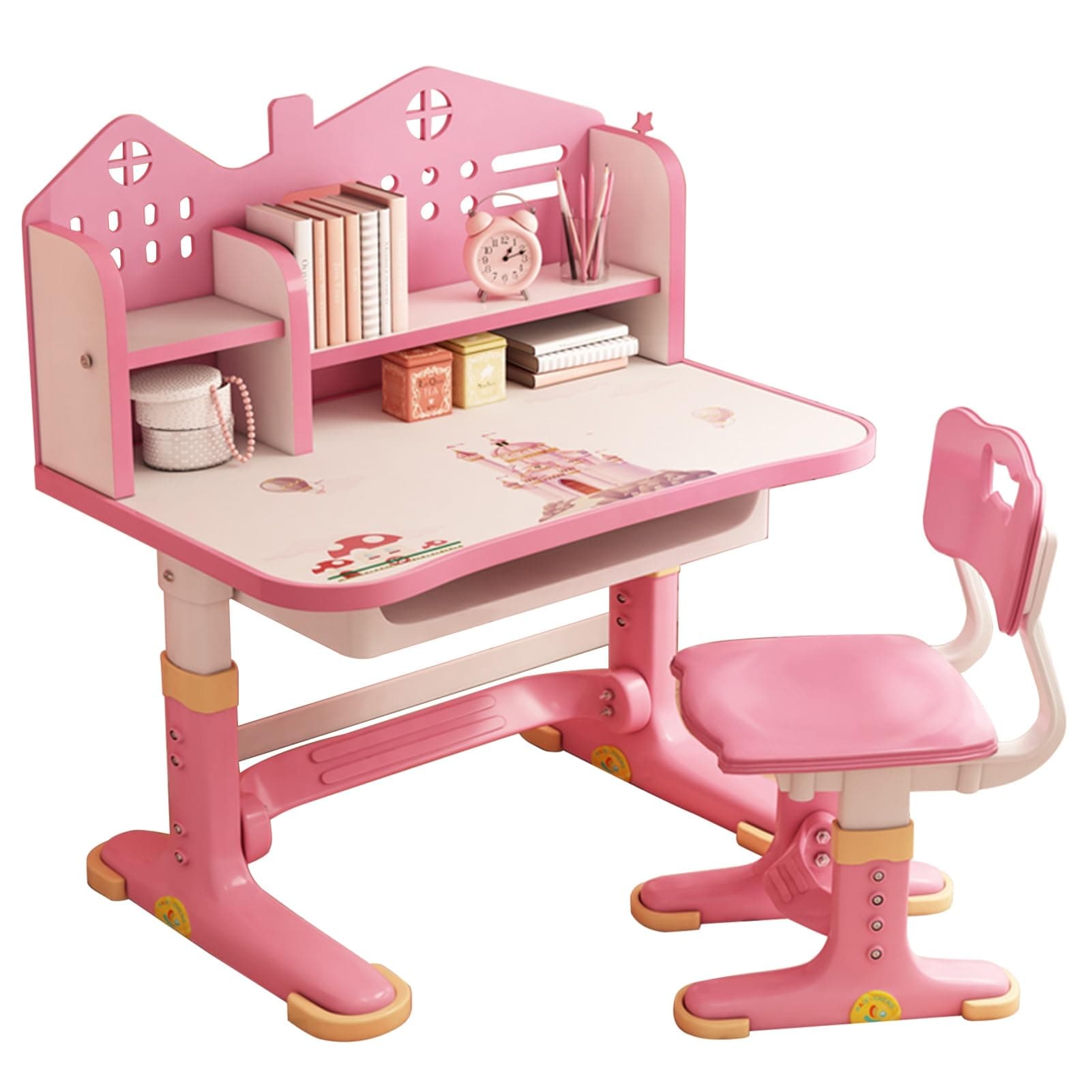 ohfruit Kids Table Chair Sets Multi Functional Desk Set with Drawers and Storage Adjustable Children School Study Table Chair Set with Pattern for Boys Girls Pink Cartoon 1