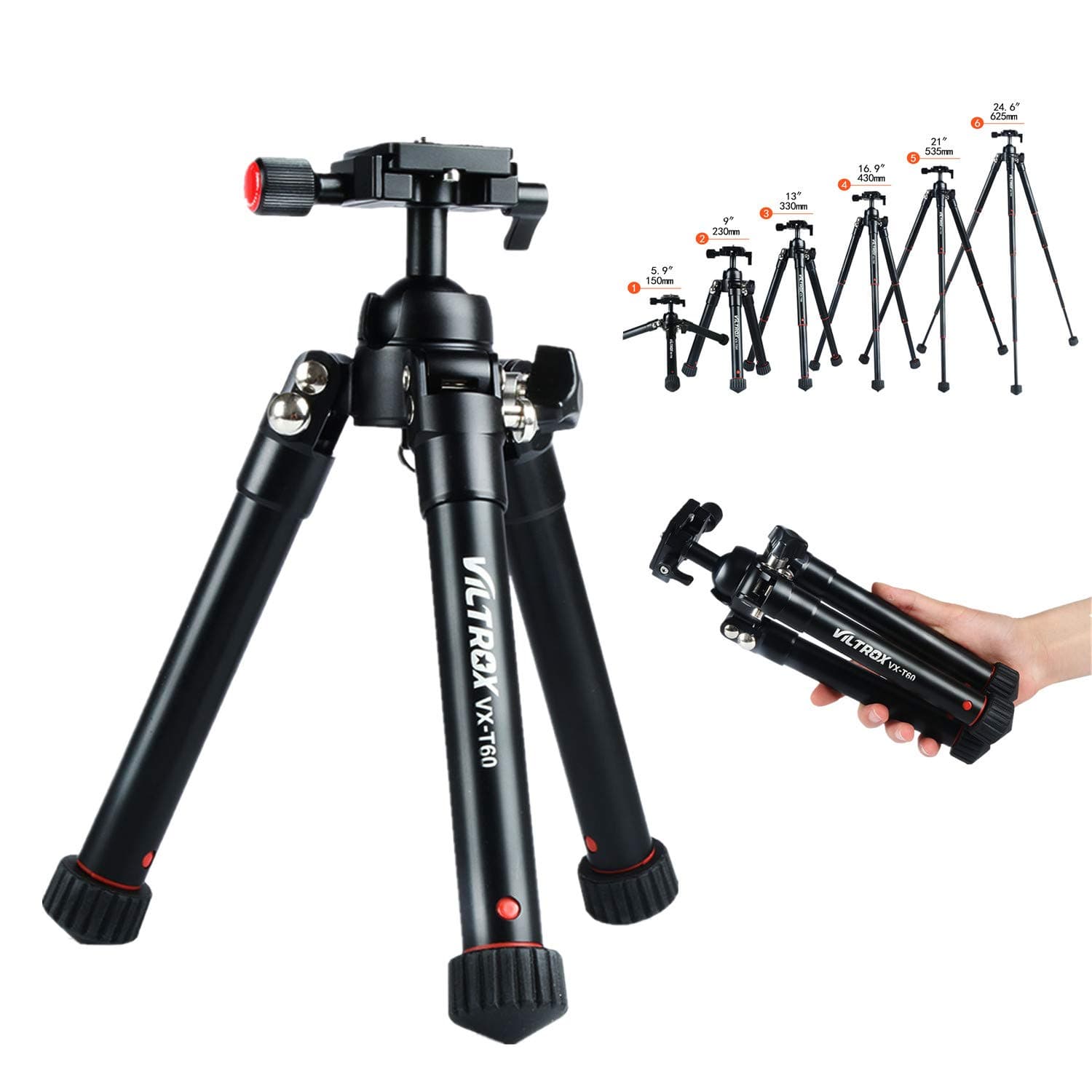 VILTROX VX-T60 24.6" Portable Compact Tripod Desktop Macro Mini Tripod 360 Degree Ball Head, Quick release Plate For Camera, Cellphone,Gopro, Video Camcorder /5.5 lbs