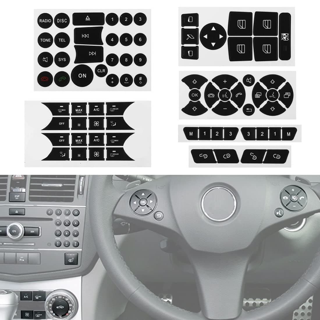 Car Interior Stickers Button Decals Compatible with 2008-2014 Mercedes Benz W204 C250 C350 E-Class Steering Wheel AC Window Radio Number Door Repair Sticker Kit
