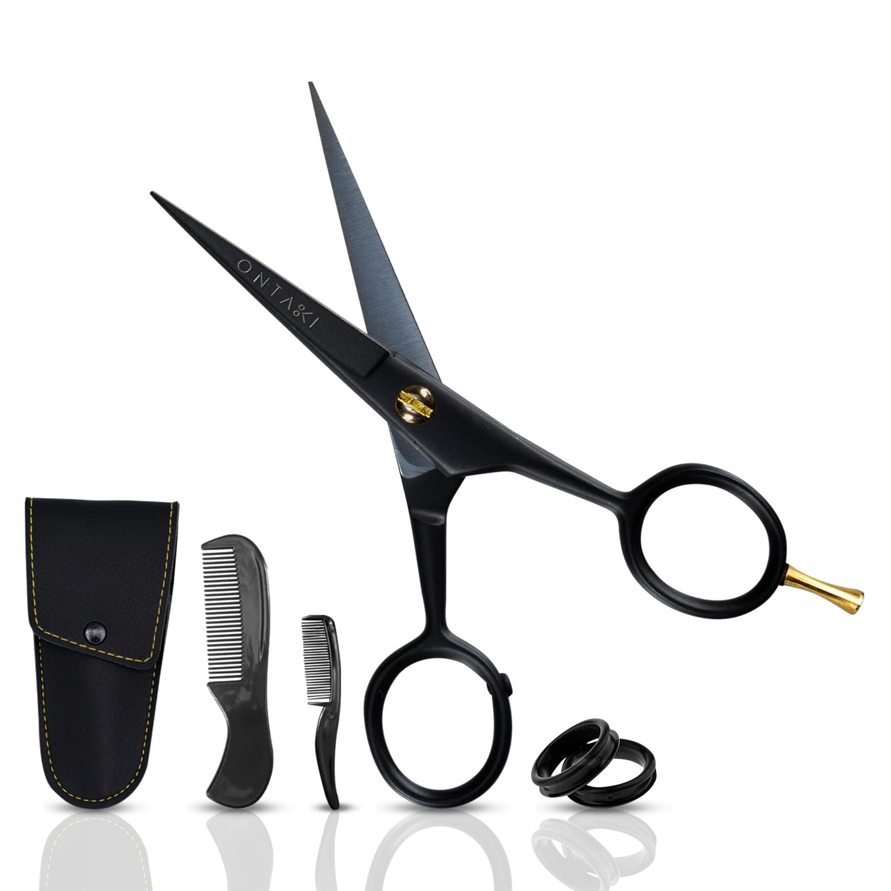 Ontaki 5" German Beard Scissors & Mustache 2 Combs Carrying Case Hand Forged Beard Scissors with Finger Rest (Black)