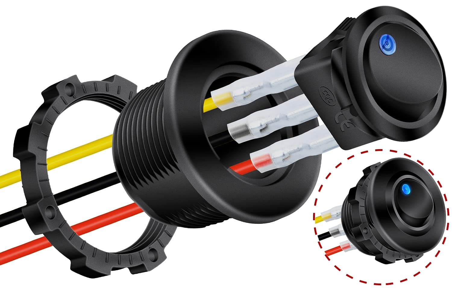 DaierTek - Round Car Rocker Switch with 3 Pin SPST ON OFF LED Rocker Switch 12V 6A 250VAC