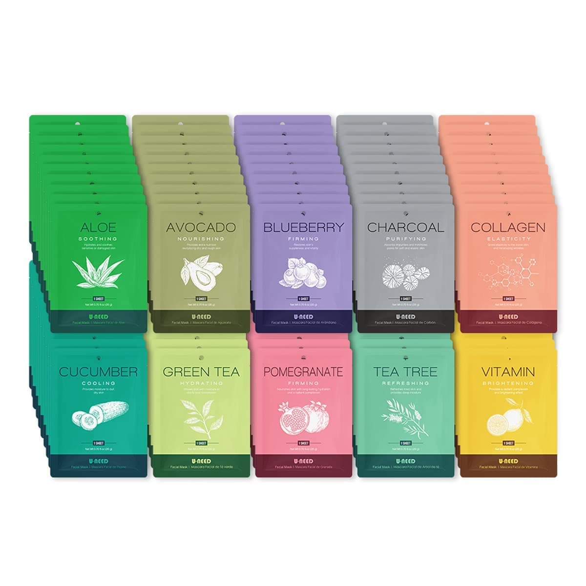 U-NEED 100 pcs Korean Face Sheet Mask (10 Types x 10 pcs) Natural Facial Mask Sheet | Tencel | Skin Care | Made in Korea | Moisturizing & Tightening | Skin Brightening and Pigment Balancing