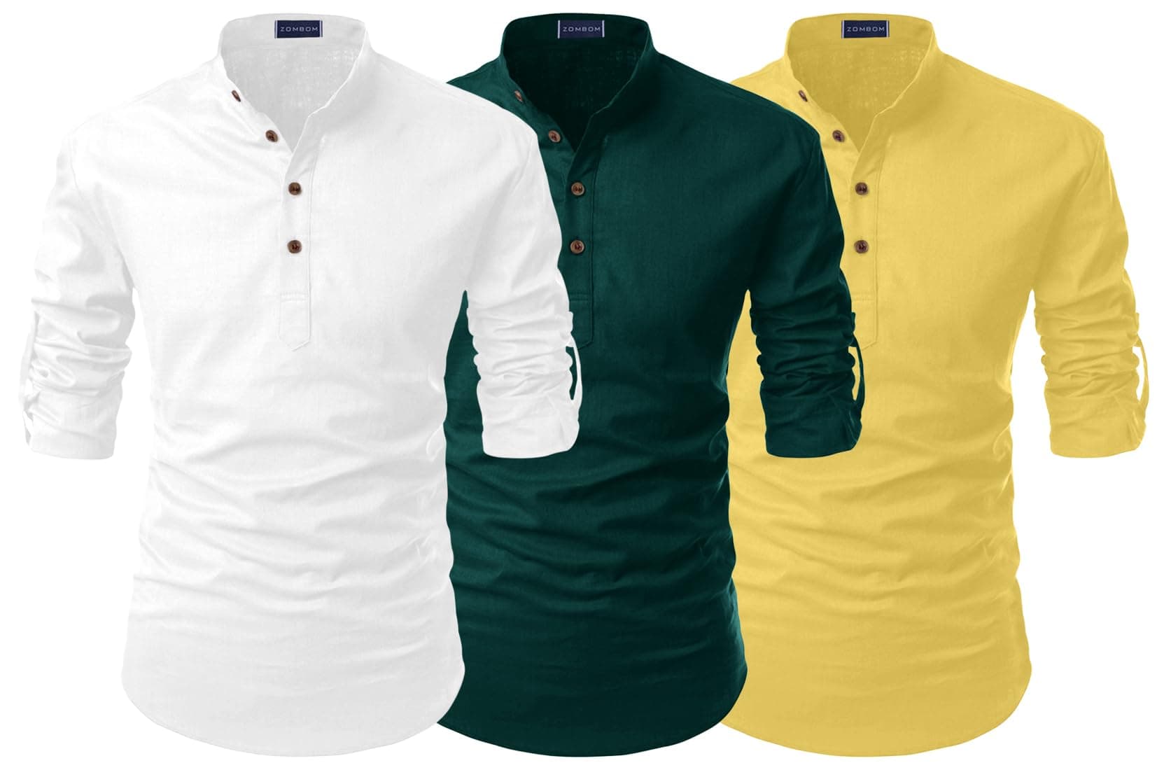 Zombom Men's Combo Cotton Blend Solid Mandarin/Chinese Collor Full Sleeve Kurta Shirt (Pack of 3)