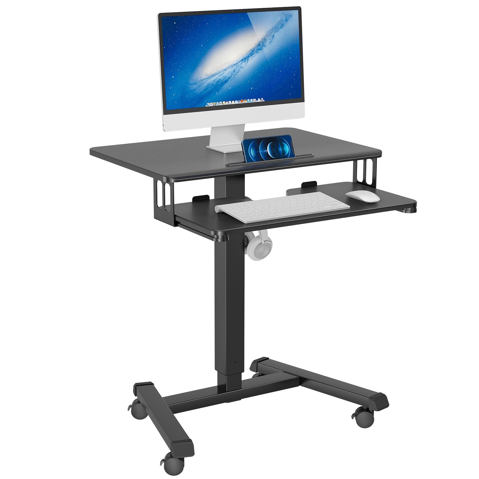 Mobile Standing Desk with Keyboard Tray, Mobile Podium, Rolling Laptop Sit Stand Desk on Wheels, Adjustable Height Desk Up to 33lbs, Portable Computer Workstation Cart for Living Room, Office