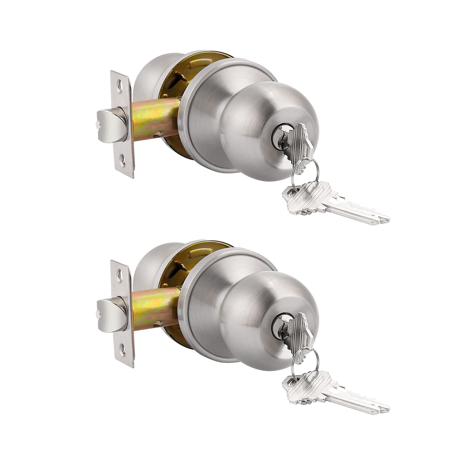 Probrico (2 Pack Keyed Alike Door Knobs Combo Pack, Brushed Nickel Ball Entry Door Knobs Entrance Lockset, Interior Exterior Single Cylinder Door Lock
