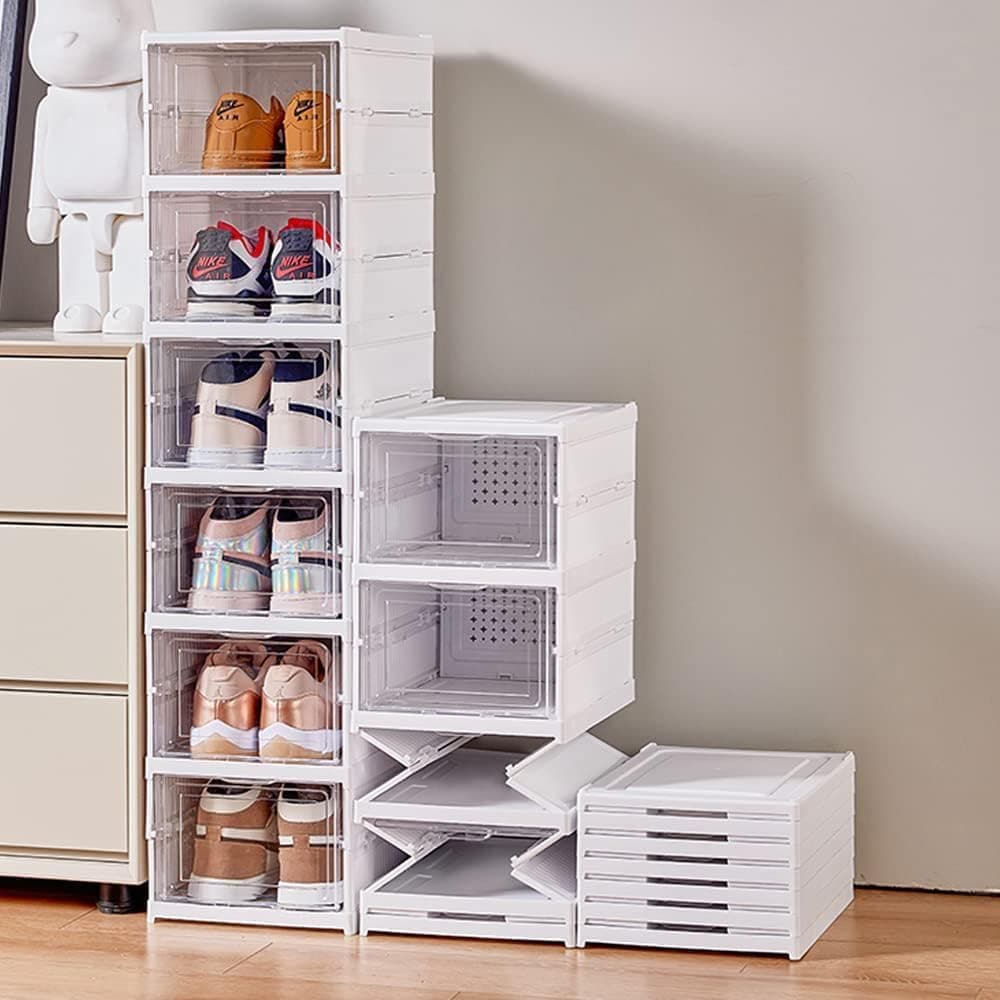 Shoe Storage Boxes, Foldable Shoe Storage Cabinet with Doors, Collapsible Shoe Rack Storage Organizer, Clear Plastic Shoe Container with Lids, Quick Assembly (1×6 layer)