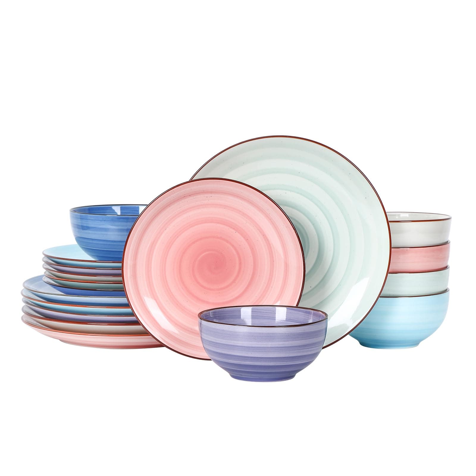 Selamica Ceramic Dinnerware Sets for 6, 18 Pieces Plates and Bowls Set, Scratch Resistant Dishes Set, Handpainted Swirl with Spot Dishwasher & Microwave Safe, Gradient Color