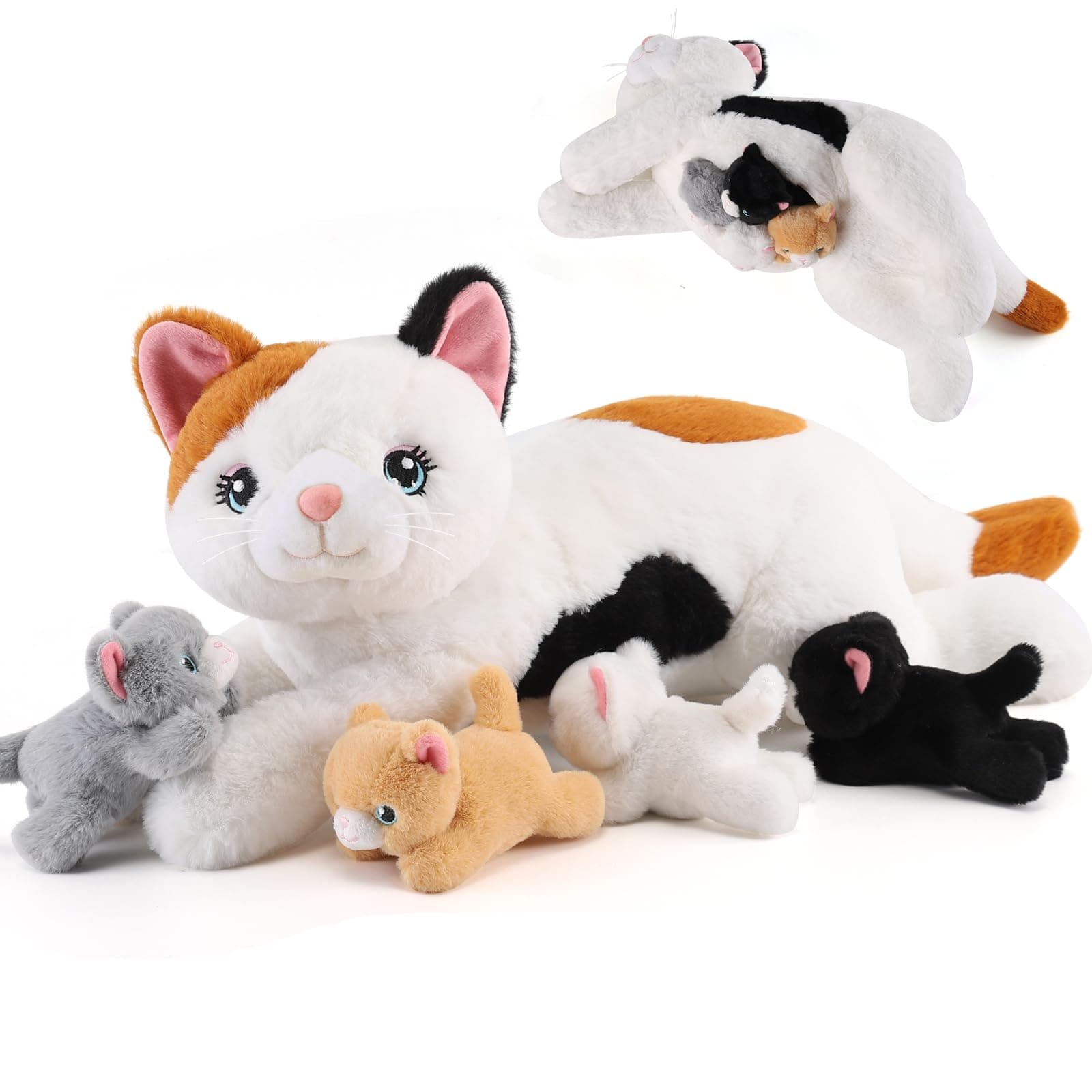 5 Pieces Cat Stuffed Animals with Babies Inside Belly - 1 Mommy Stuffed Cat with 4 Kittens - Stuffed Kitty Plush Toys for Kids Age 3-8, Gifts Ideal for Christmas, Valentine's, Birthday