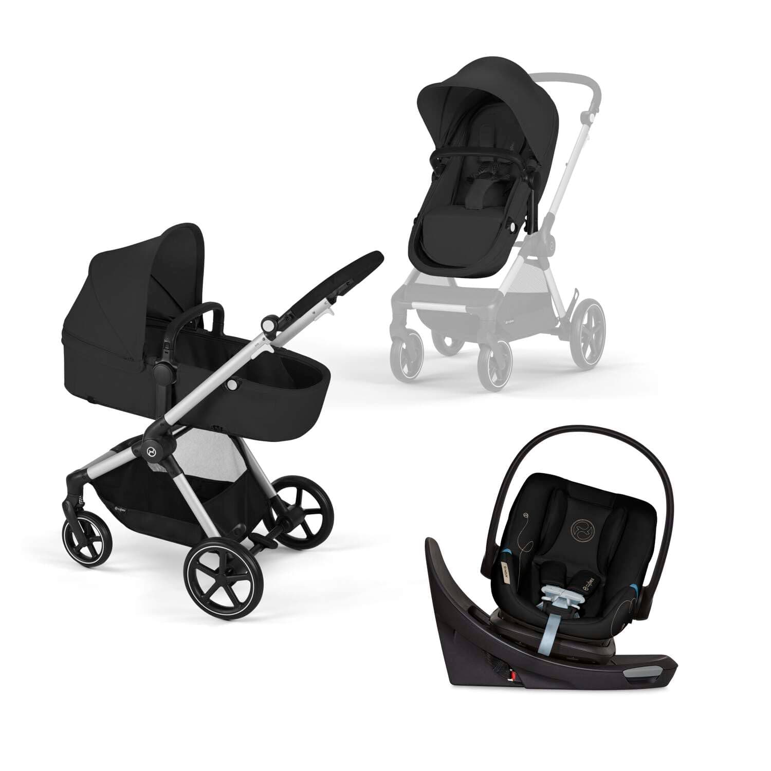 EOS 5-in-1 Travel System Stroller + Lightweight Aton G Swivel Infant Car Seat, Moon Black, Silver Frame