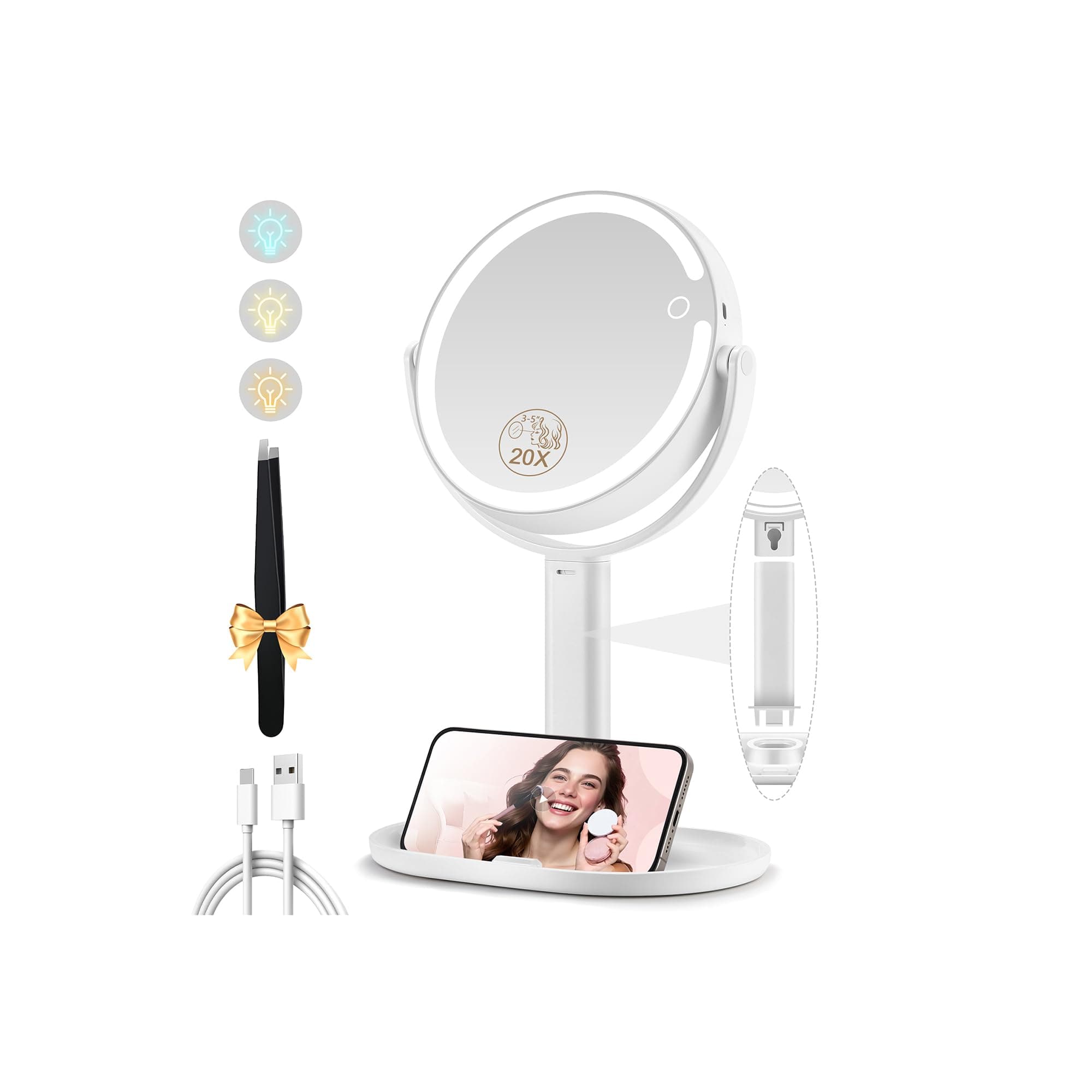 MOMOKUBA Magnifying Mirror with Light 20x, Makeup Mirror with Light on Stand, Rechargeable 3 Color Lights and Adjustable Brightness, 360° Rotation Detachable Comes with Tweezer, for Bathroom