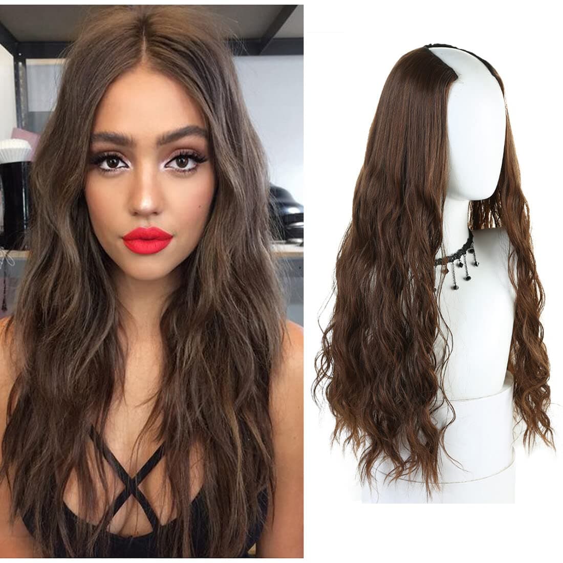 Invisible Loose Wavy U-Shaped Weft 3/4 Half Wig 20" Clip in One Piece Hair Extension Natural Hairpiece Light Brown