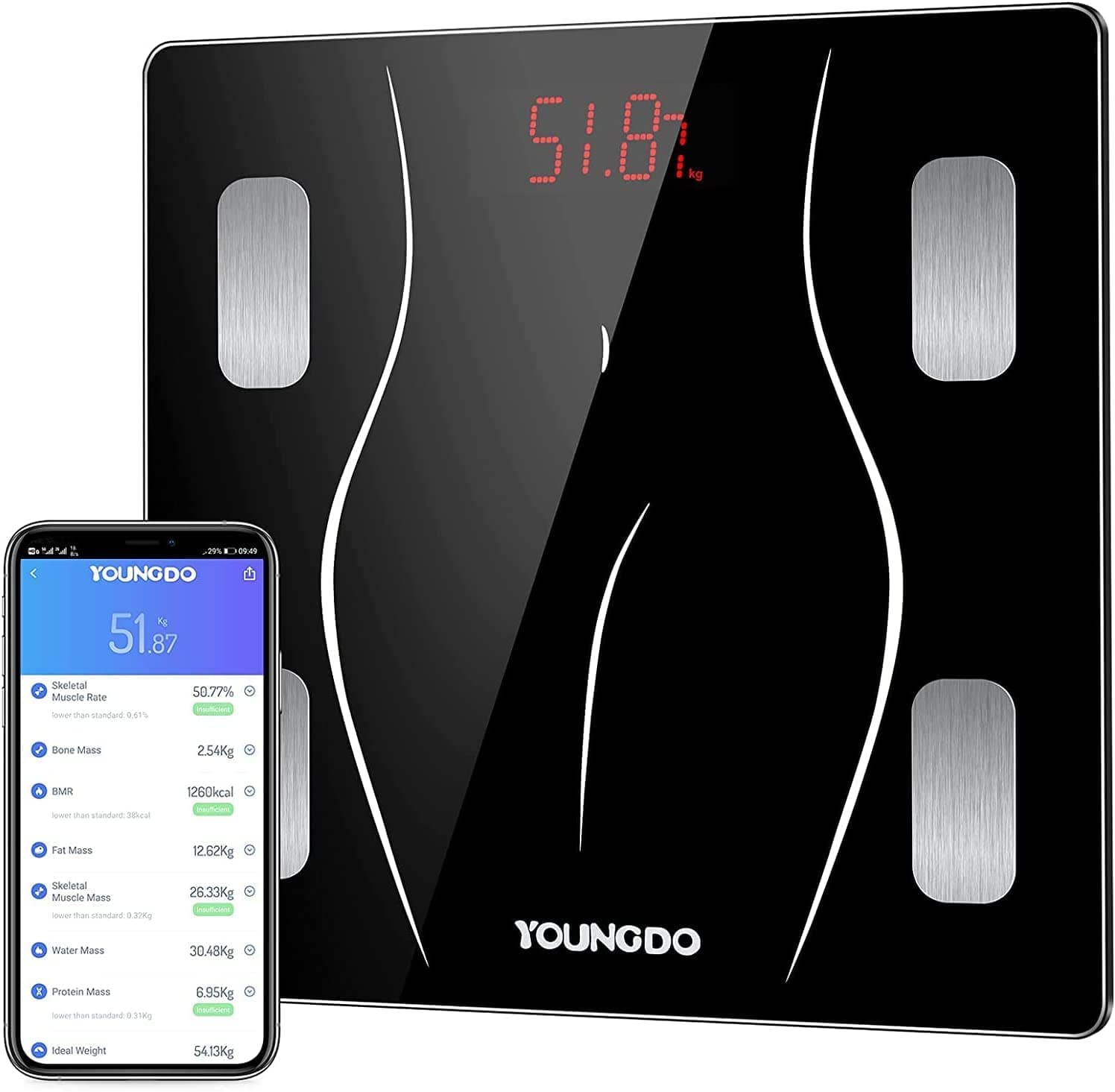 YOUNGDO Scales for Body Weight, Bluetooth High Precision Smart BMI Digital Bathroom Weighing Scale with 23 Datas USB Charging, Body Weight Composition Monitors with Smartphone App for Fitness Tracking