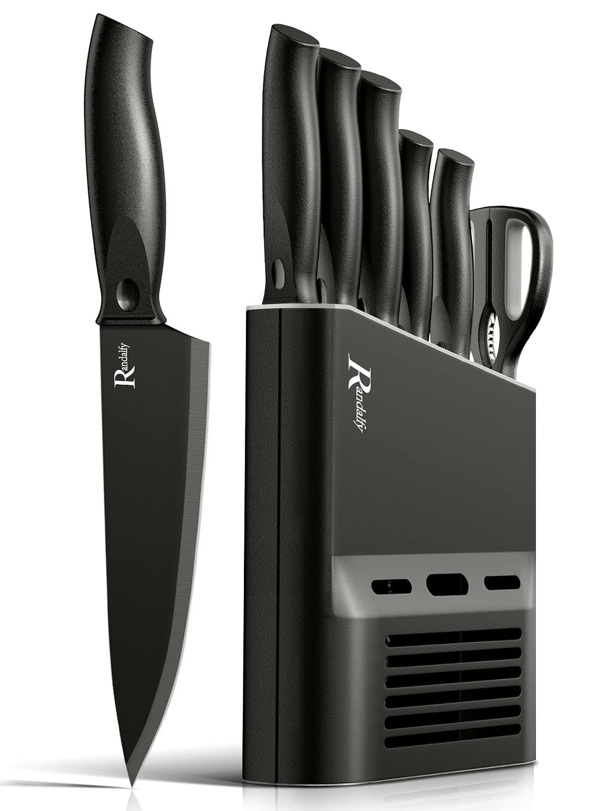 Kitchen Knife Set with Knife Block Set - 7 Pieces Professional Chef Knife Set Contain Knives, Scissor and Knife Block for Meat/Vegetables/Fruits's Chopping, Slicing, Dicing & Cutting, Black