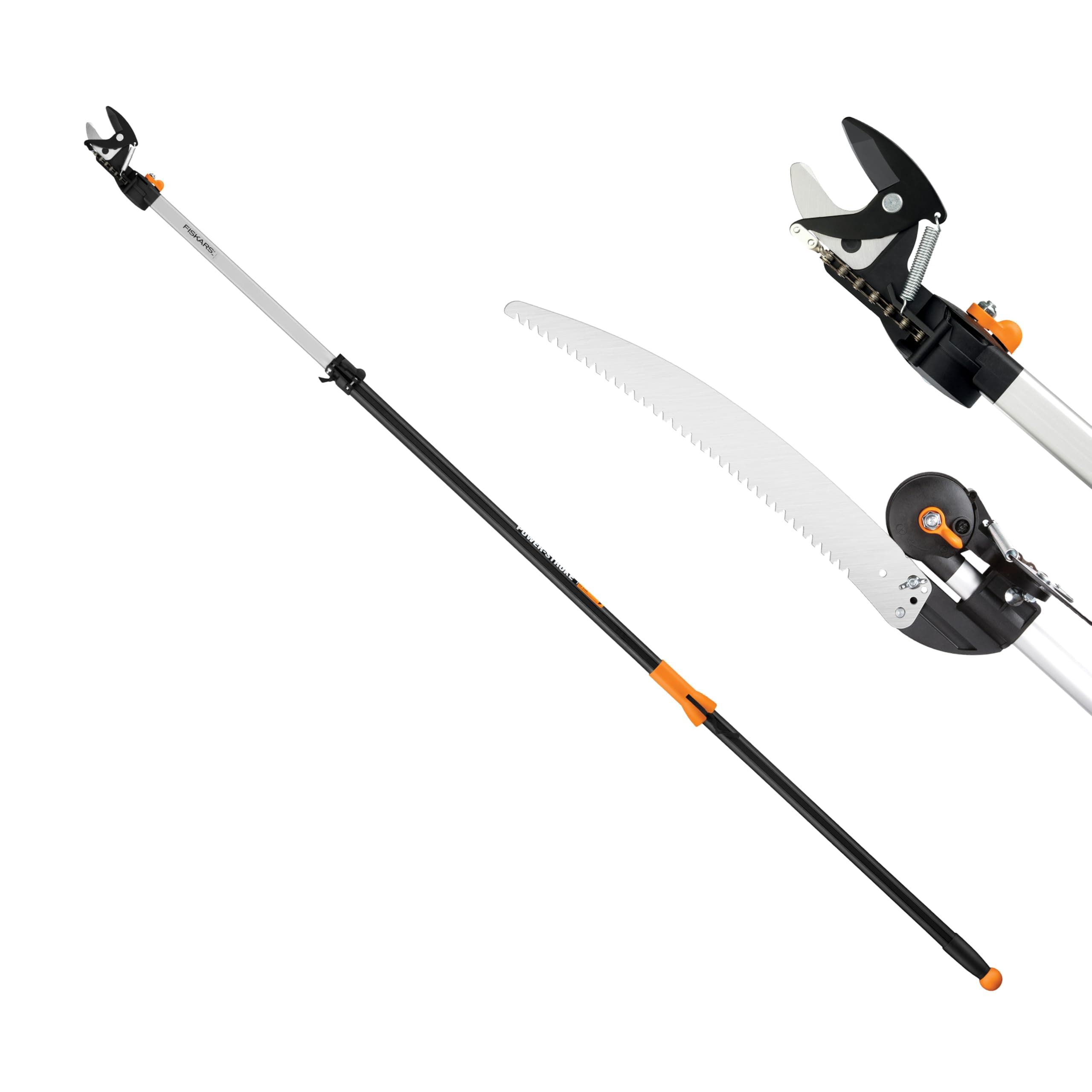 Fiskars 2-in-1 Extendable Tree Pruner and Pole Saw (Extends 7.9 - 12 feet) with Rotating Head, Pruning Stik Model with 15-Inch Double-Grind Saw Blade, and Double Locking System