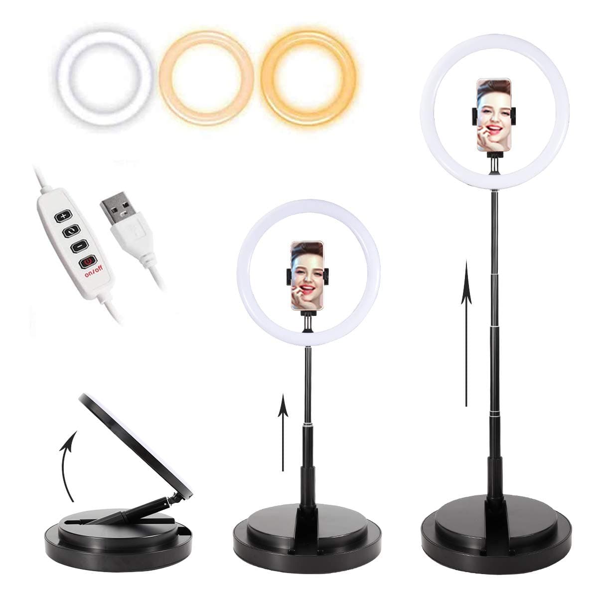 Foldable Portable Selfie Ring Light 11 inch/28 cm with Phone Holder for Video/Tik Tok/Makeup Ring Lamp, Desktop USB Dimmable 3500K/6000K 3 Light Modes & 10 Brightness Levels