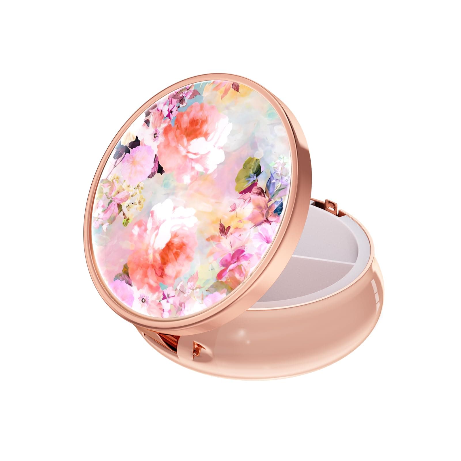 Rouidr Pill Box 3 Compartment Medicine Pill Case Small Pill Box for Wallet & Pocket Metal Travel Pill Box Pill Container Medicine Holder Vitamin Container Unique Gift Rose Gold(Watercolor Flower)