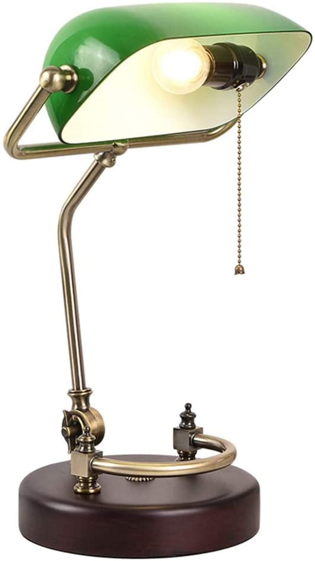 Desk Lamp Study Office Retro Classic Lighting Bedroom Bedside Reading Lamp Green Thick Glass Shade Solid Wood Birch Base Adjustable Lamp Pole Bankers Table Lamp E27 with Pull Line Switch