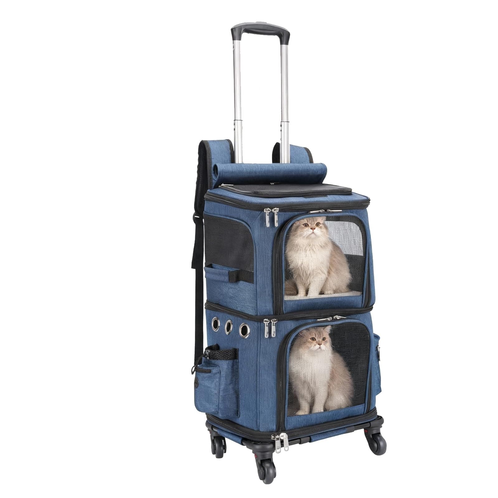 Double-Compartment Pet Carrier Backpack with Wheels for Small Cats and Dogs, Cat Rolling Carrier for 2 Cats, Perfect for Traveling/Taking a Walk/Trips to The Vet, Blue