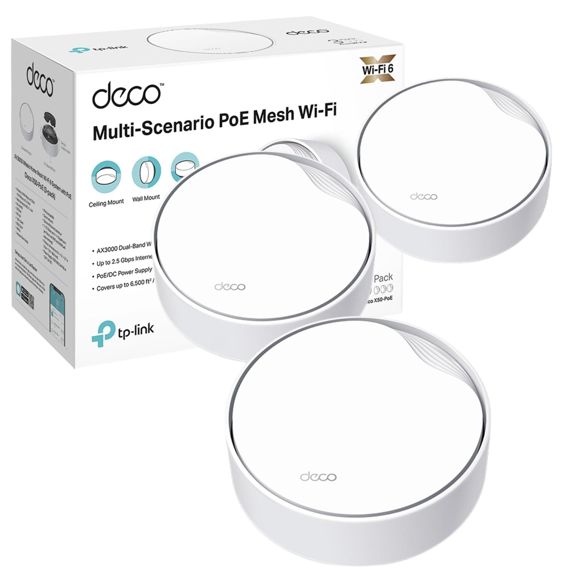 TP-Link Deco X50-PoE(3-pack) AX3000Mbps Mesh WiFi 6 System with PoE, 2.5 GbE Port, AI-Driven WiFi Booster Router covers up to 600m2, Connect up to 150 devices, 1.0 GHz Dual-Core CPU, HomeShield