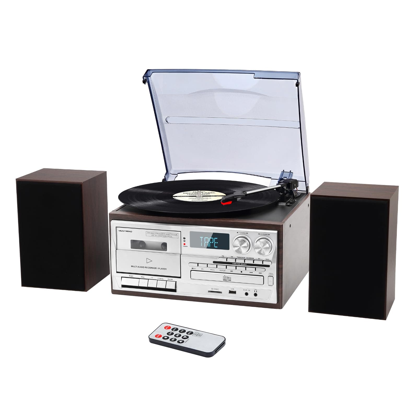 10 in 1 Record Player with External Speakers,3 Speed Bluetooth Turntable Vinyl Player with CD/Cassette Play,AM/FM Radio, USB/SD Encoding,Aux-in/RCA Line Out
