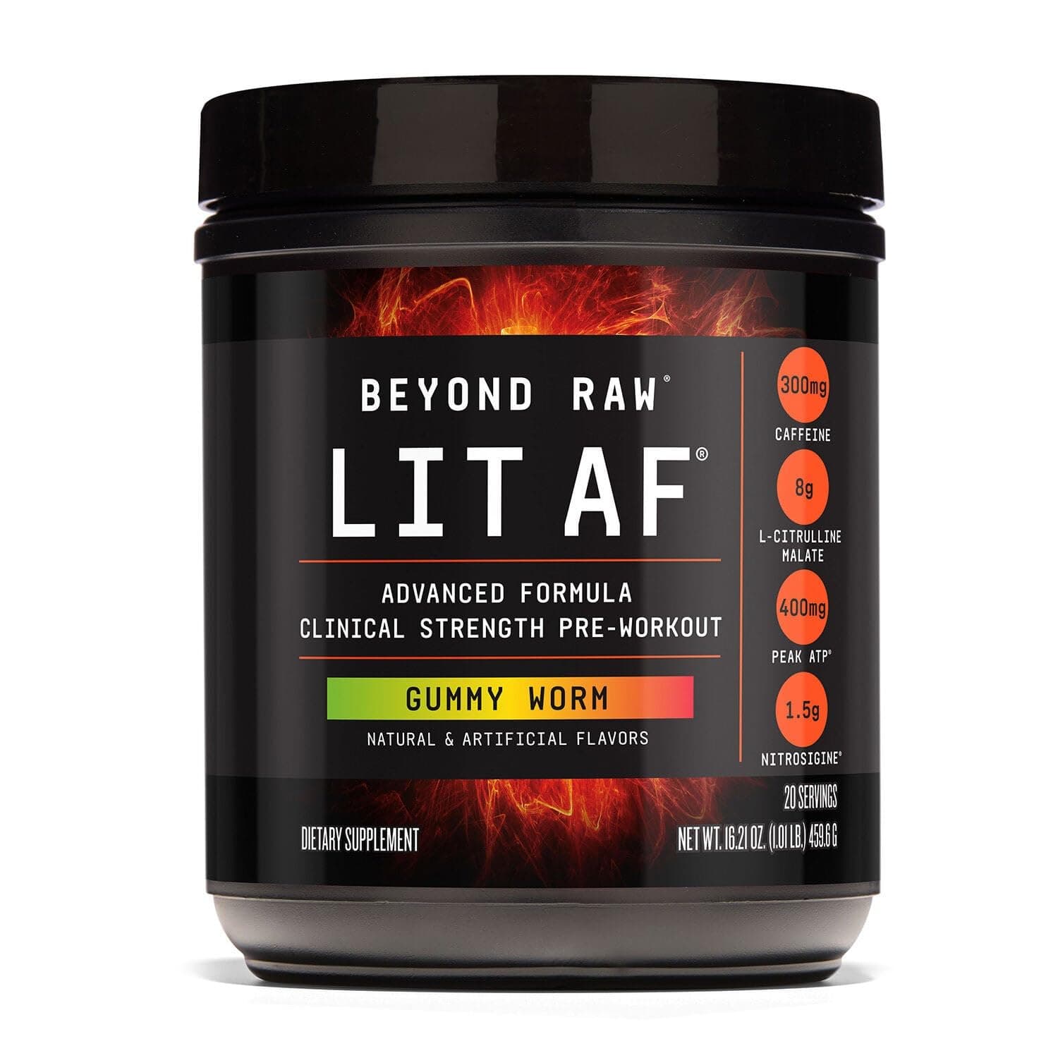 BEYOND RAW LIT Advanced Pre Workout Formula, for Energy, Focus, Endurance, Pumps, with 300mg Rapid and Targeted Release Caffeine, Creatine, Betaine, Beta Alanine, Taurine, 20 Servings