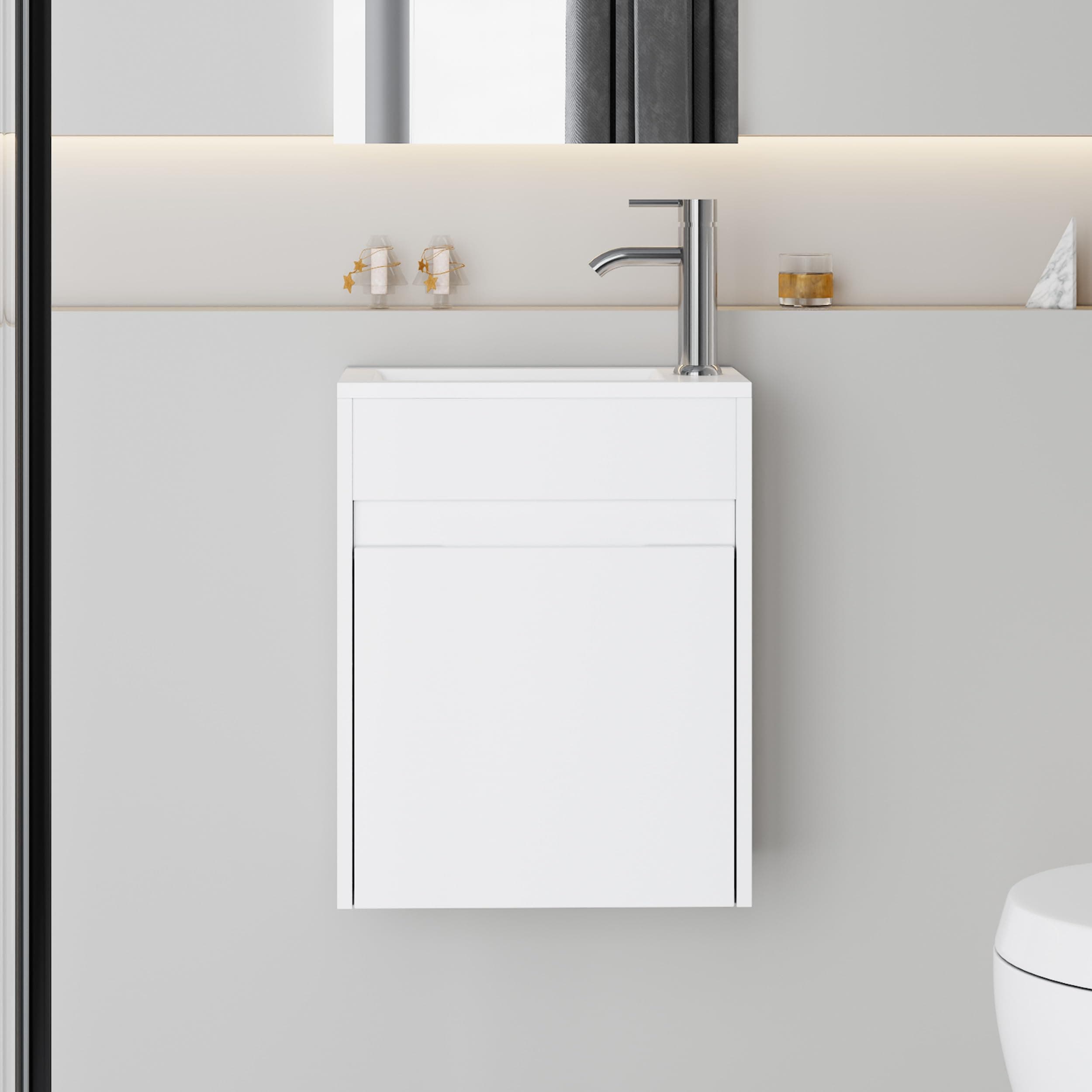 eclife 16" Small Bathroom Vanity Sink Combo, Modern Painted Wall Mounted Floating Cabinet W/Resin Basin Sink Top, Chrome Water Save Faucet & Pop Up Drain (White)