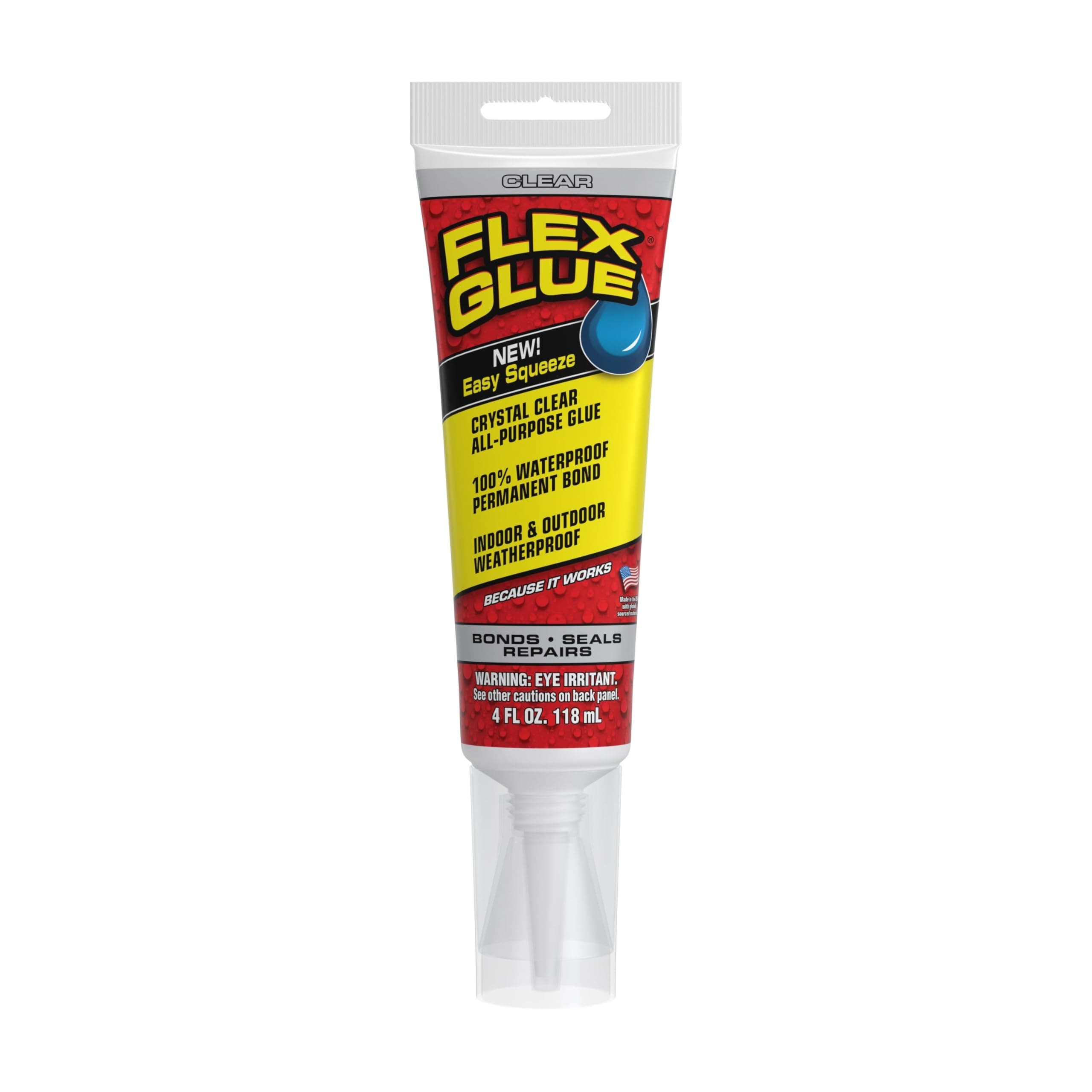 Flex Glue, 4oz Squeeze Tube, Clear, Super Strong, Clear, Rubberized Waterproof Adhesive, Underwater, Pool, Shower, Outdoor, Concrete, Brick, Paver, Masonry, UV Resistant