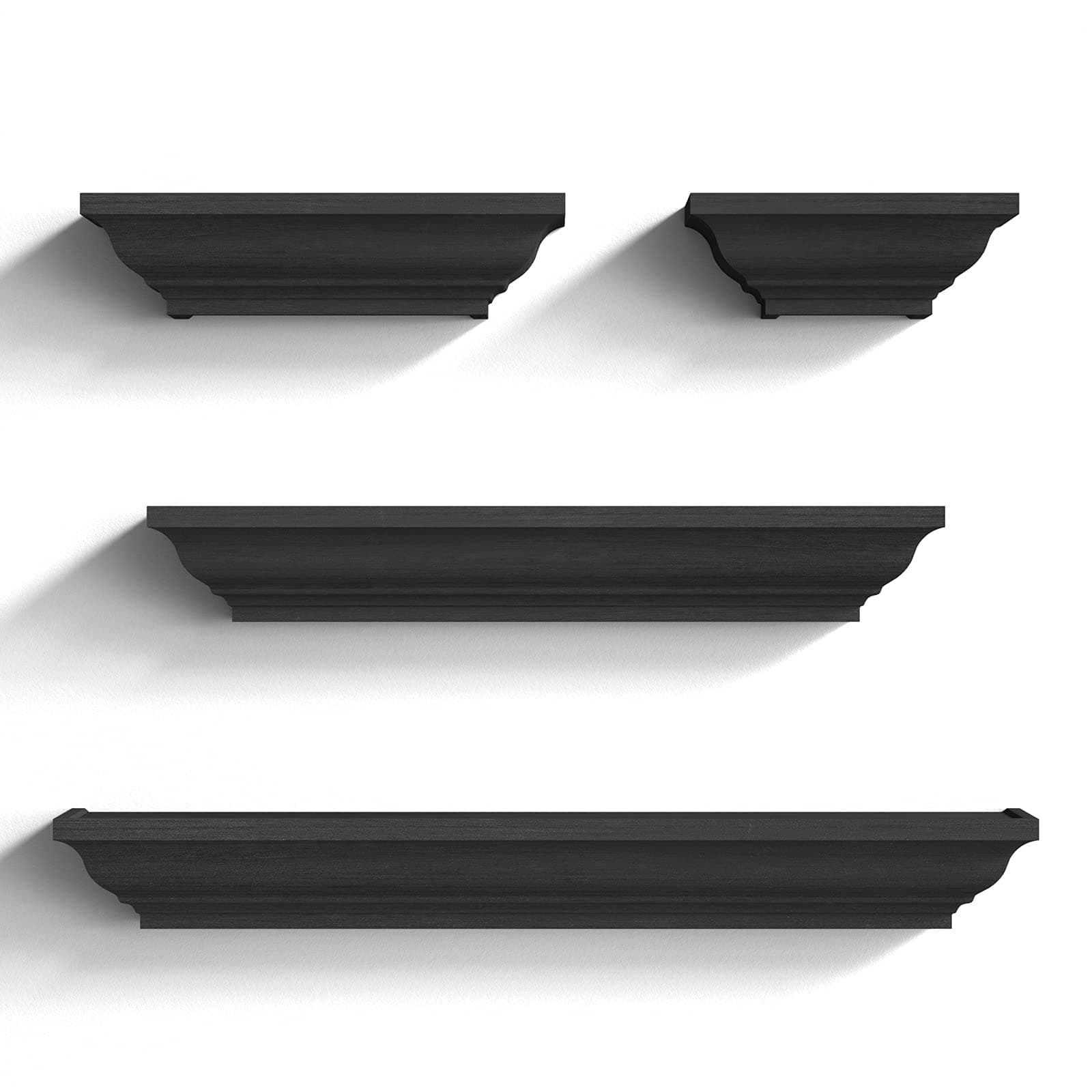 Black Floating Shelves, Solid Wood Storage Wall Shelves Set of 4 Display Ledge Shelves Decor for Bedroom, Living Room, Bathroom, Kitchen - Black