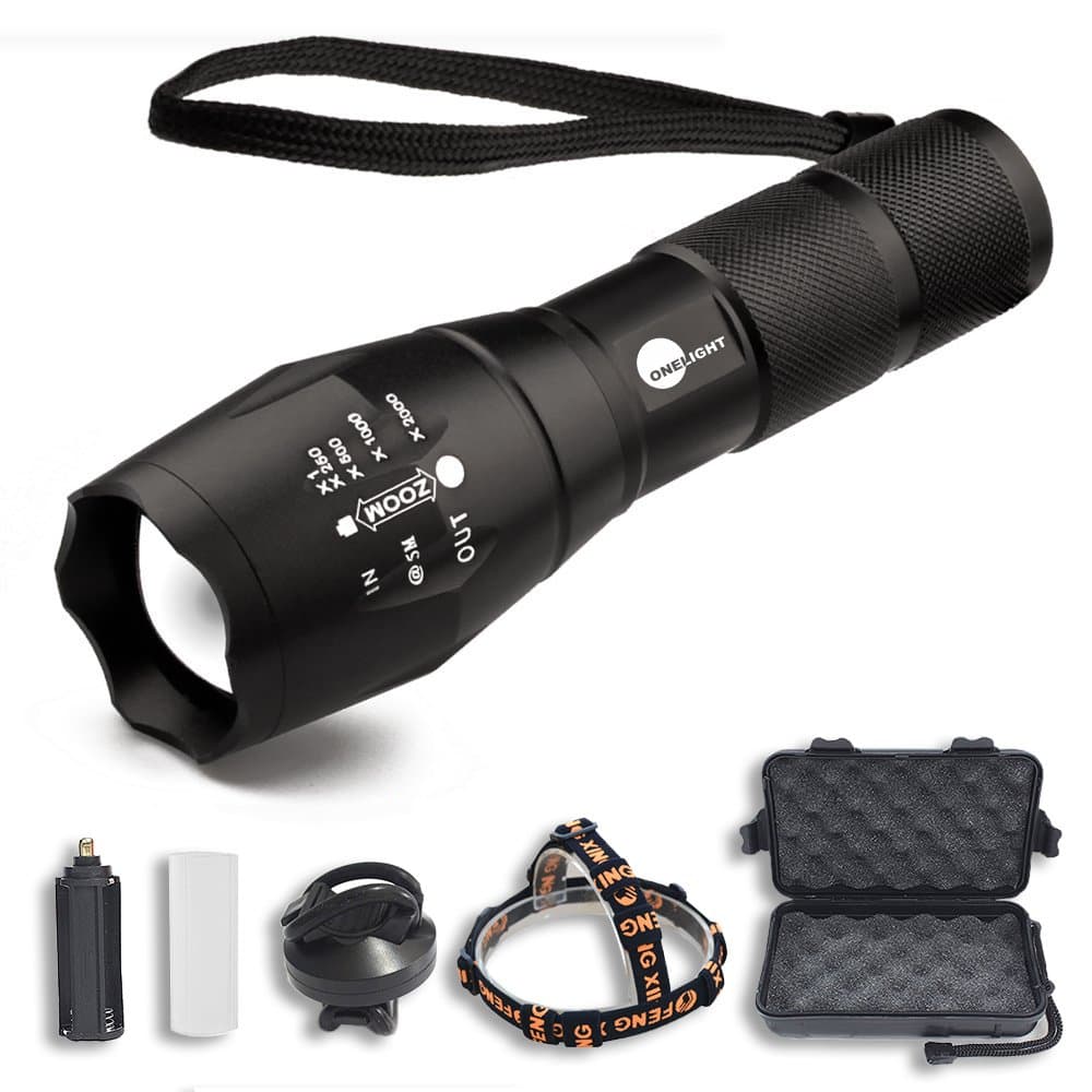 Onelight Tactical Flashlight, Bike Light, Headlamp - 3 in 1 Handheld Flashlight with Universal Mount Holder (for Bicycle, Gun) and Headbelt