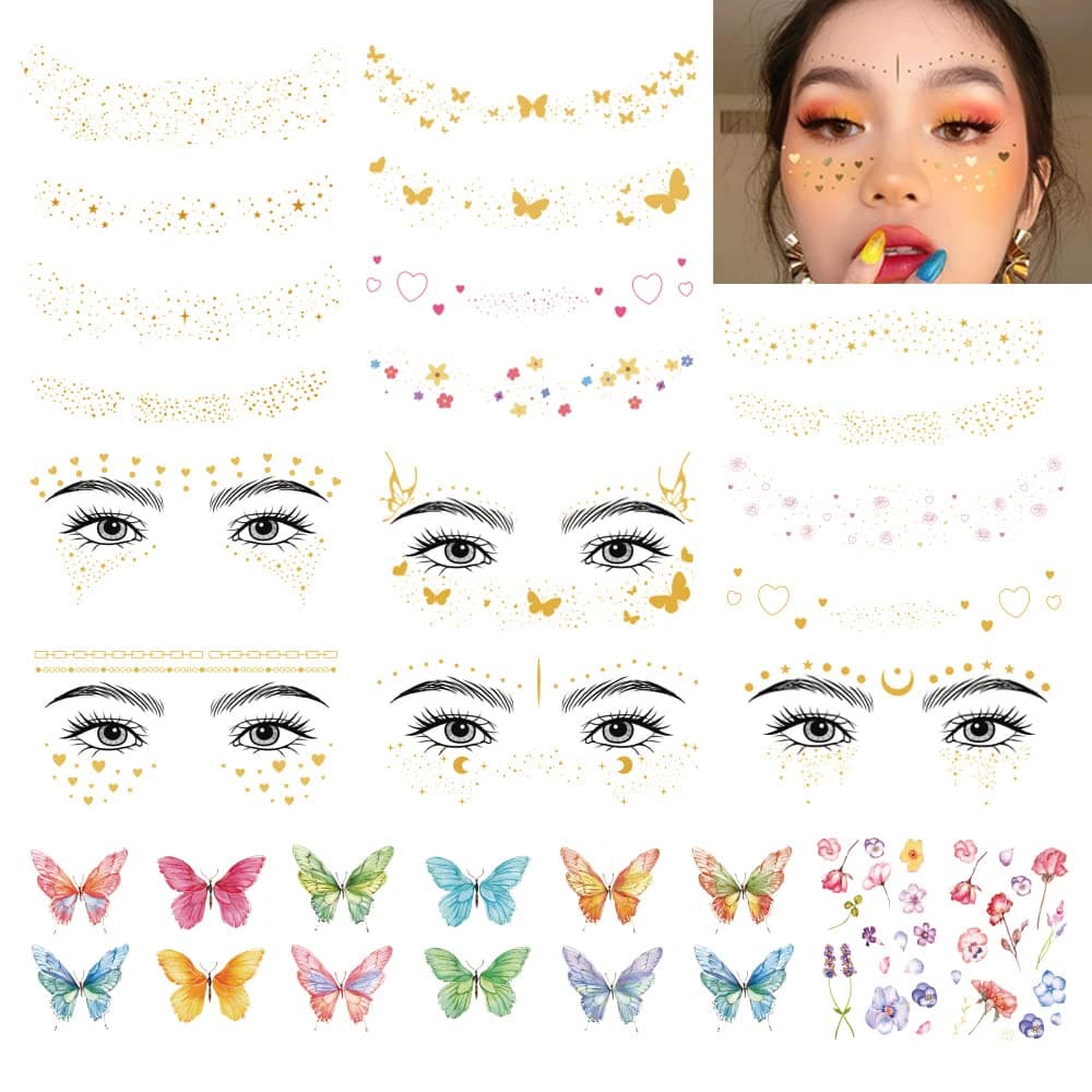32 Sheets Face Temporary Tattoo, 20 sheets Glitter Metallic Freckle Tattoos, 12 PCS Butterflies Fake Tattoos Stickers for Festival Makeup Rave Accessories