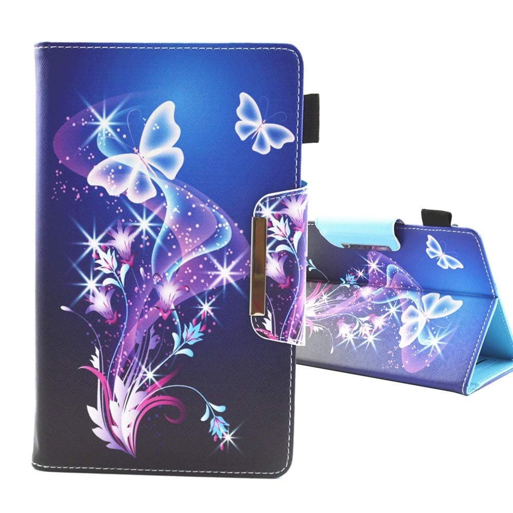 7.5-8.5 Inch Tablet Universal Case, Greatlong Stand Wallet Case for Samsung Galaxy Tab/ HD10 2015 2017/ Huawei Mediapad/Google and More 7.5"-8.5" inch Table, Purple Butterfly