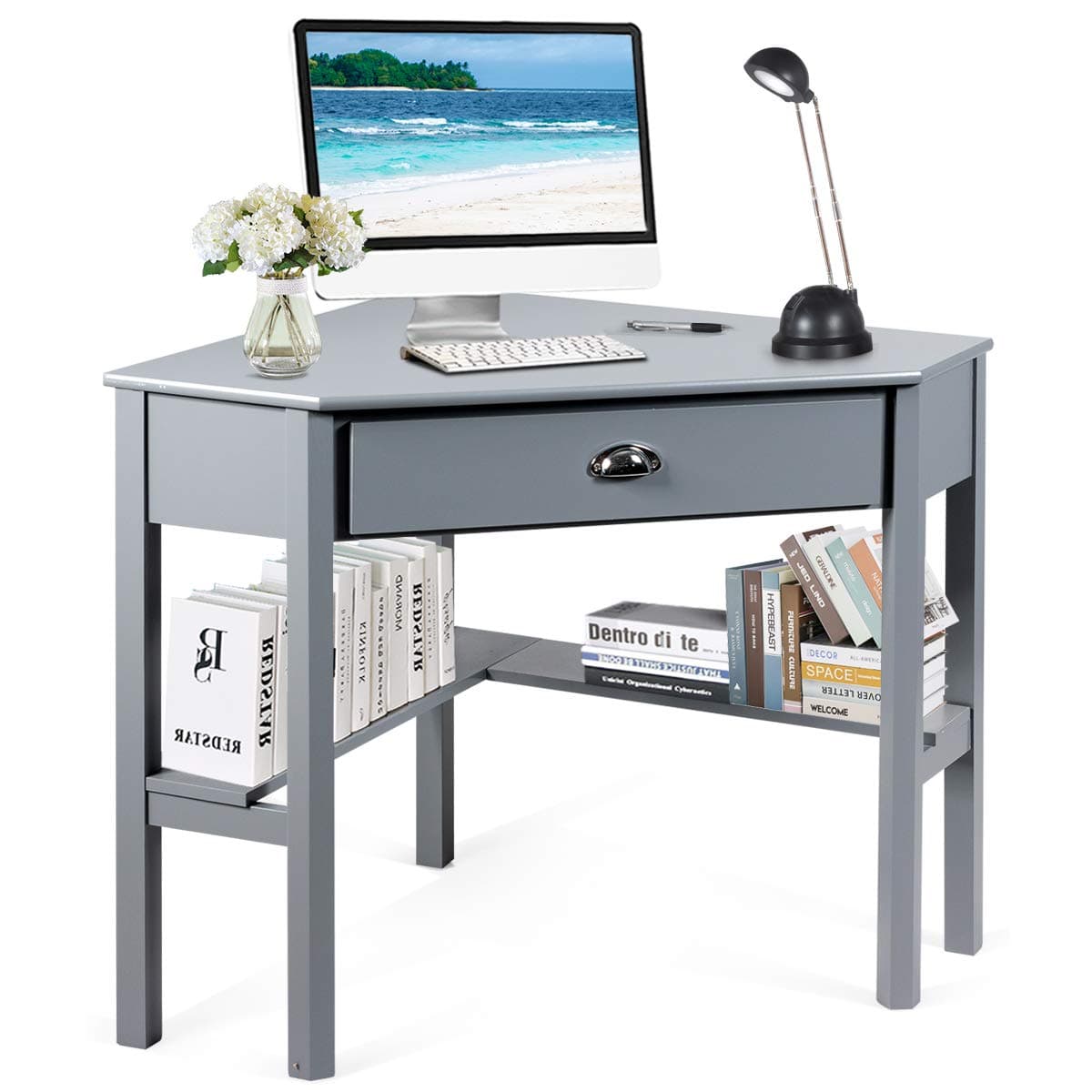 Tangkula Corner Desk, Corner Computer Desk with Drawer for Small Space, Small Corner Makeup Vanity Desk, 90 Degrees Triangle Corner Desk with Storage Shelves (Grey)