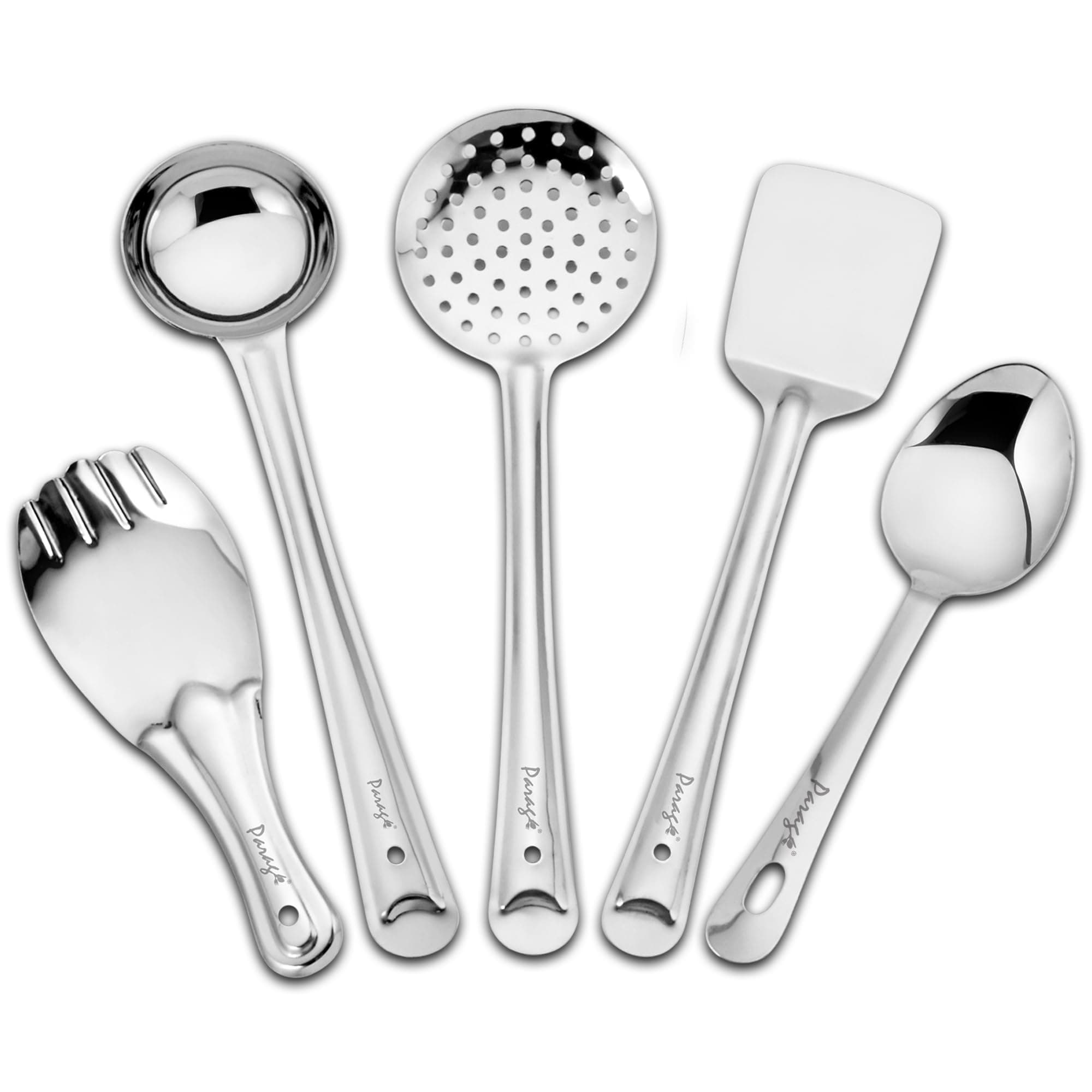 - Parage 5 Pieces Stainless Steel Kitchen Tools Set for Kitchen Cooking and Serving, Pack of 5, Ladle(Karchhi), Skimmer(Jhara), Turner/Spatula (Palta), Basting and Rice Spoon, Silver