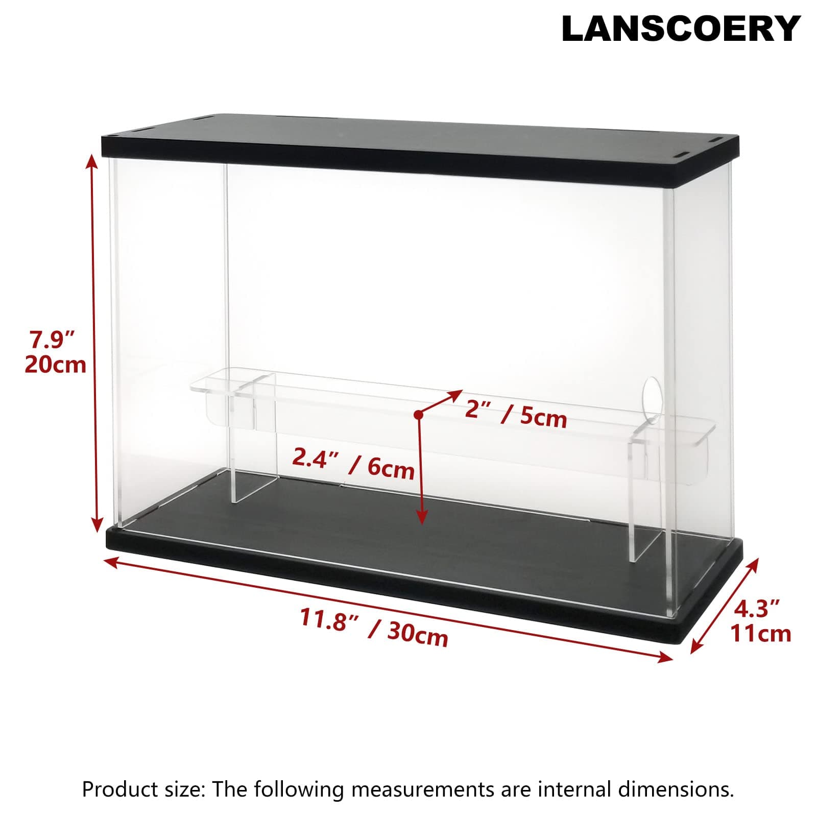 LANSCOERY Clear Acrylic Display Case with Light, Assemble 2 Tier Display Box Stand with Black Base, Dustproof Protection Showcase for Collectibles Memorabilia Figurines (11.8x4.3x7.9inch; 30x11x20cm)