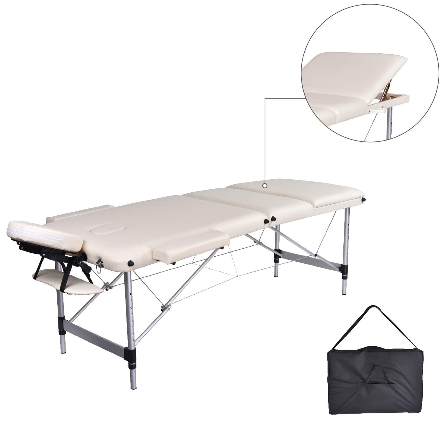 Mcdear Massage Table Aluminium, Lightweight 3 Section Portable Massage Bed Spa Beauty Couch with Headrest, Arm Support, White