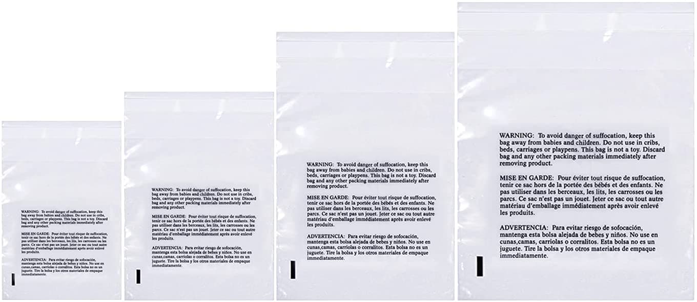 Poly Bags with Suffocation Warning 4x6", 5x7", 6x9", 8x10" - Small Combo Pack of 400 (100 each size) - Clear Poly Bags by Retail Supply Co - Resealable