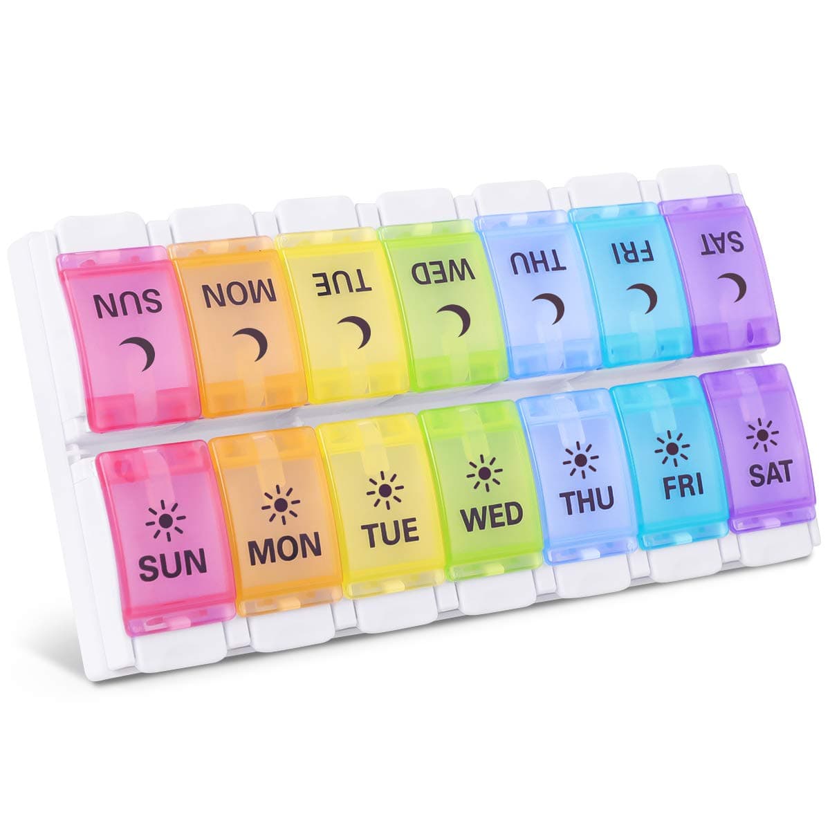 Large 7 Day Pill Organizer 2 Times a Day, Push Button Weekly Pill Box, Vitamin Pill Case, Pill Container - Rainbow (14c)
