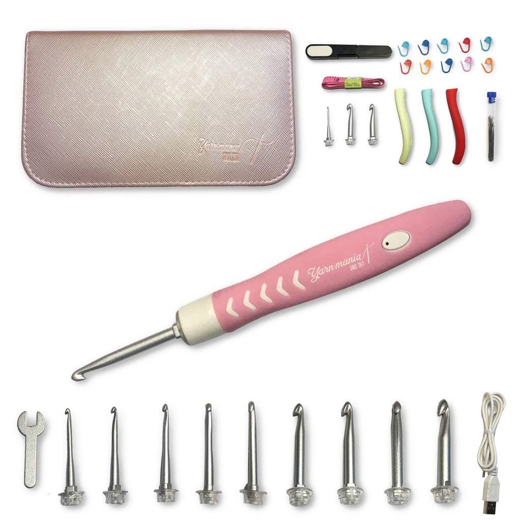 Light Up Crochet Hooks - Ergonomic Crochet Handle with LED Light, Silicone Cover, 12 Metal Interchangeable Crochet Hooks - Complete Crocheting Supplies with Leather Storage Case Included