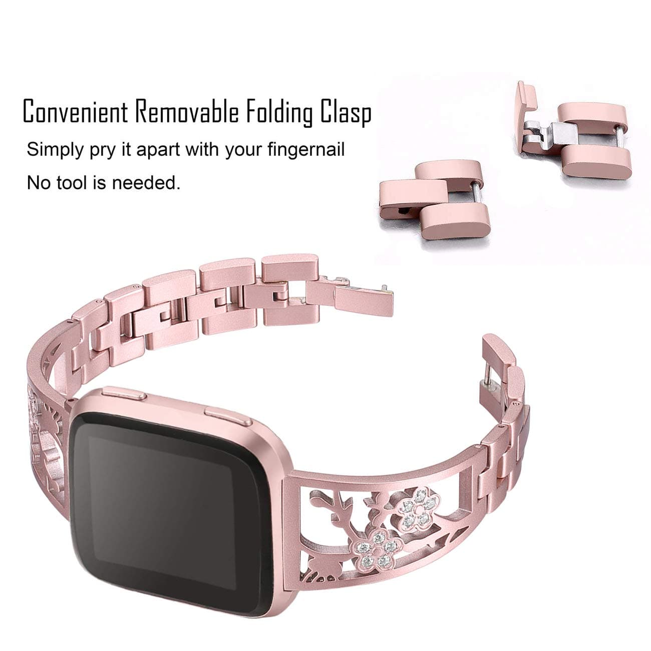 Stainless Steel Bands Compatible with Fitbit Versa 2/Versa Lite/Versa for Women, Luxurious Bling Bracelet with Rhinestone Metal Wristbands, Silver Rose Gold Black