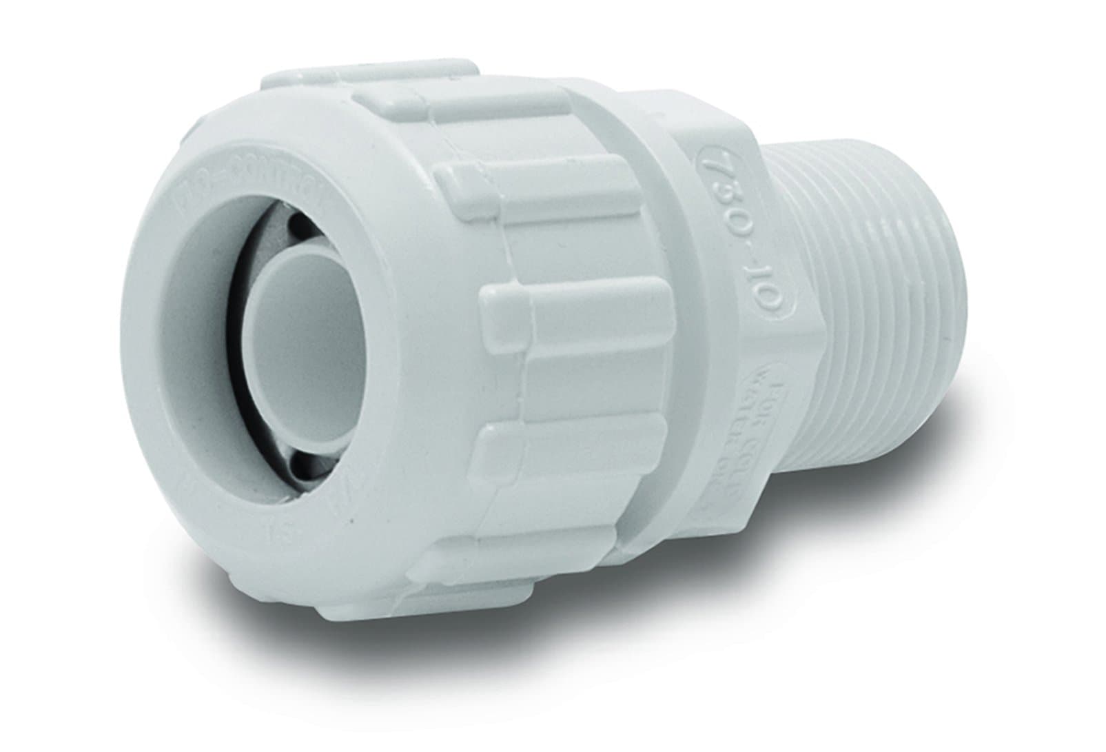NDS 730-10RTL Flo-Lock™ PVC Gripper Adapter, Pipe Connection, For CTS Poly Pipe with FPT pipe end, EPDM O-ring, Steel Gripper, 1-Inch SDR-9 CTS X 1-Inch MPT, White