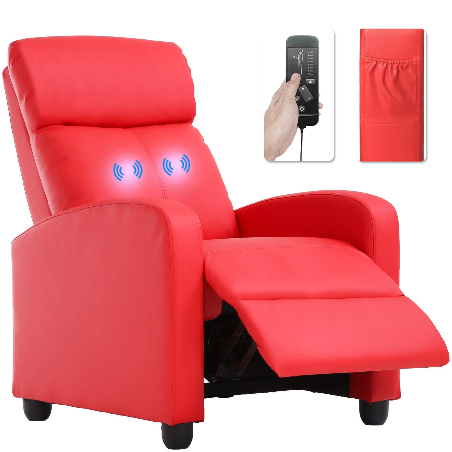 BestMassage | Recliner Chair | with 2 Point Massage Function | Pu Red | with Lumbar Support, Adjustable Push Back, Footrest & Padded Seat | Easy Assembly | for Living Room, Home Theatre