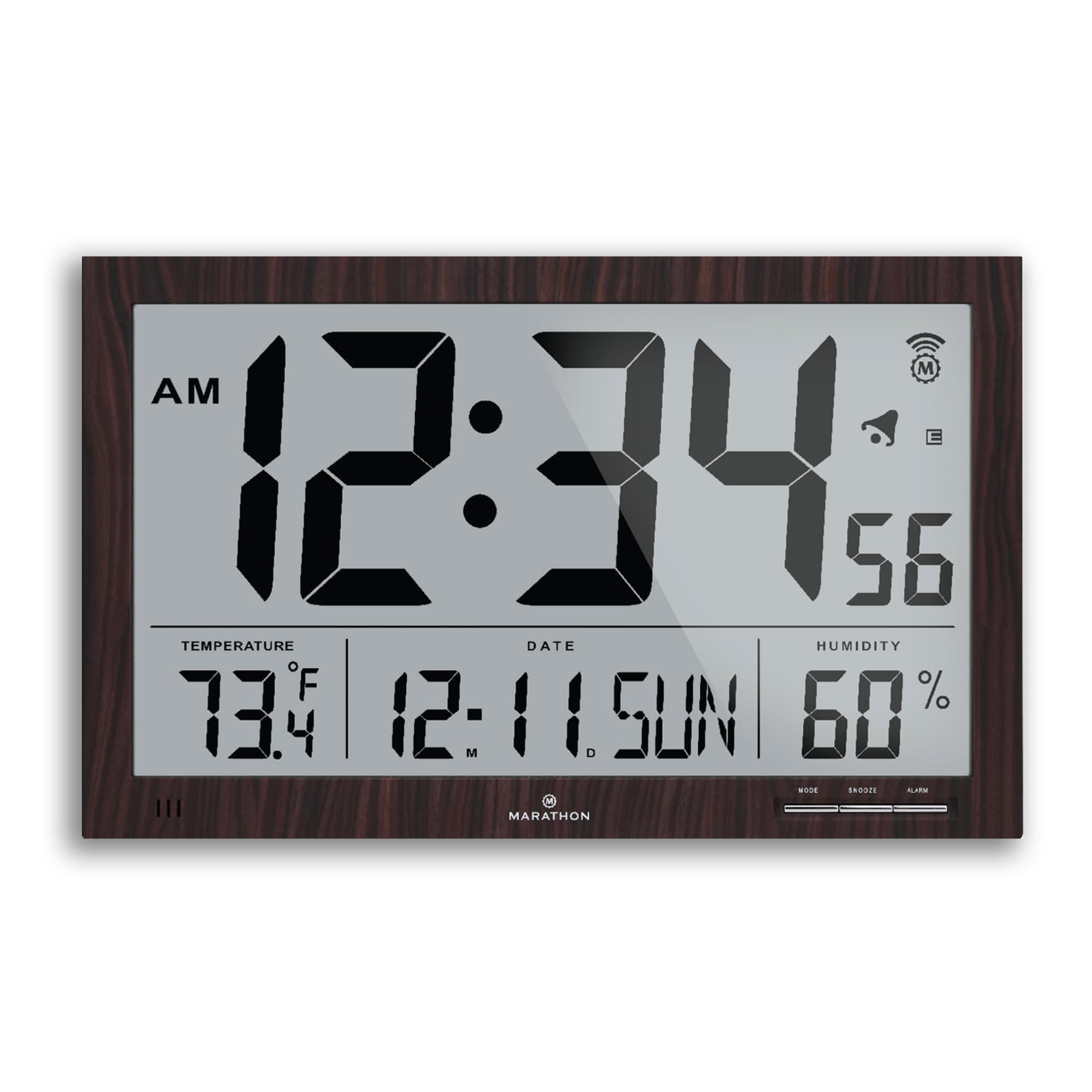 MARATHON Slim Jumbo Atomic Wall Clock, Walnut Finish - Large, 15-Inch Display - Alarm, AM/PM or 24-Hour Time, Eight Time Zones, Indoor Temperature & Humidity - Four AA Batteries Included