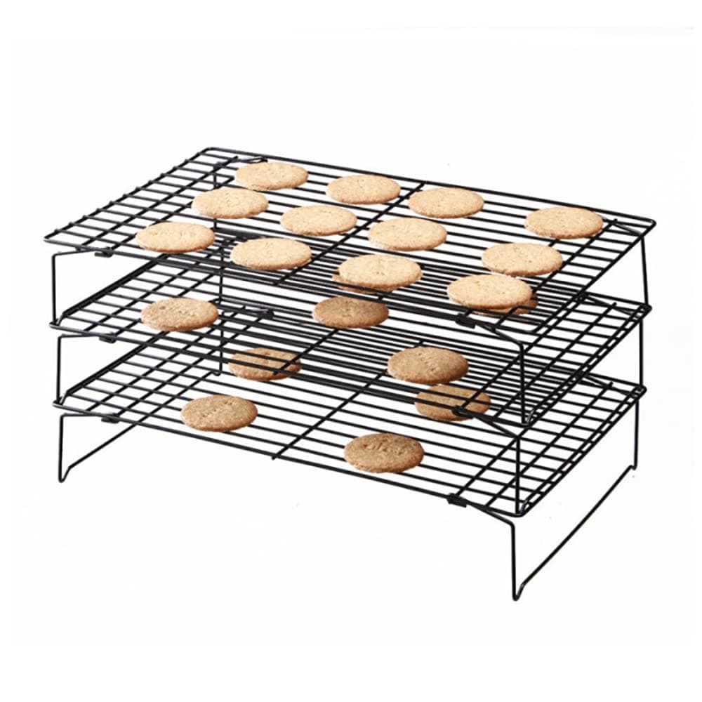 Dproptel Cooling Rack, 3 Tier Non Stick Cake Cooling Tray, Stainless Steel Baking Rack Cooler, Wire Cooling Rack with Folding Legs for Baking Biscuits Bread Cake, Black